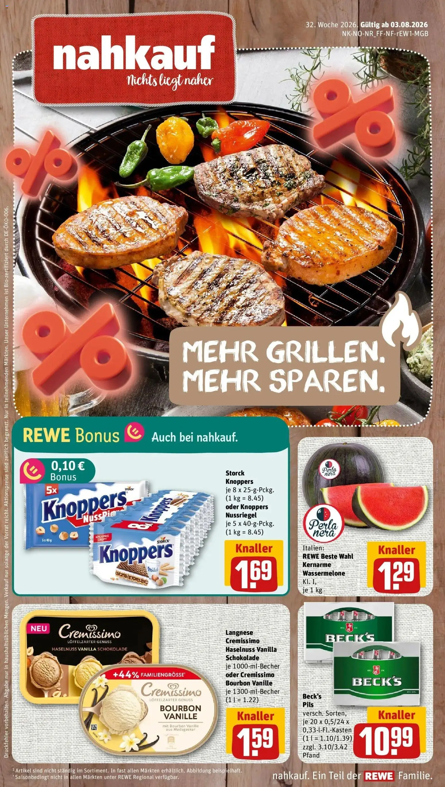 REWE Prospekt ab 03.08.2026 zum Blättern » Angebote | Seite: 1 | Produkte: Schokolade, Pils, Vanille, Knoppers
