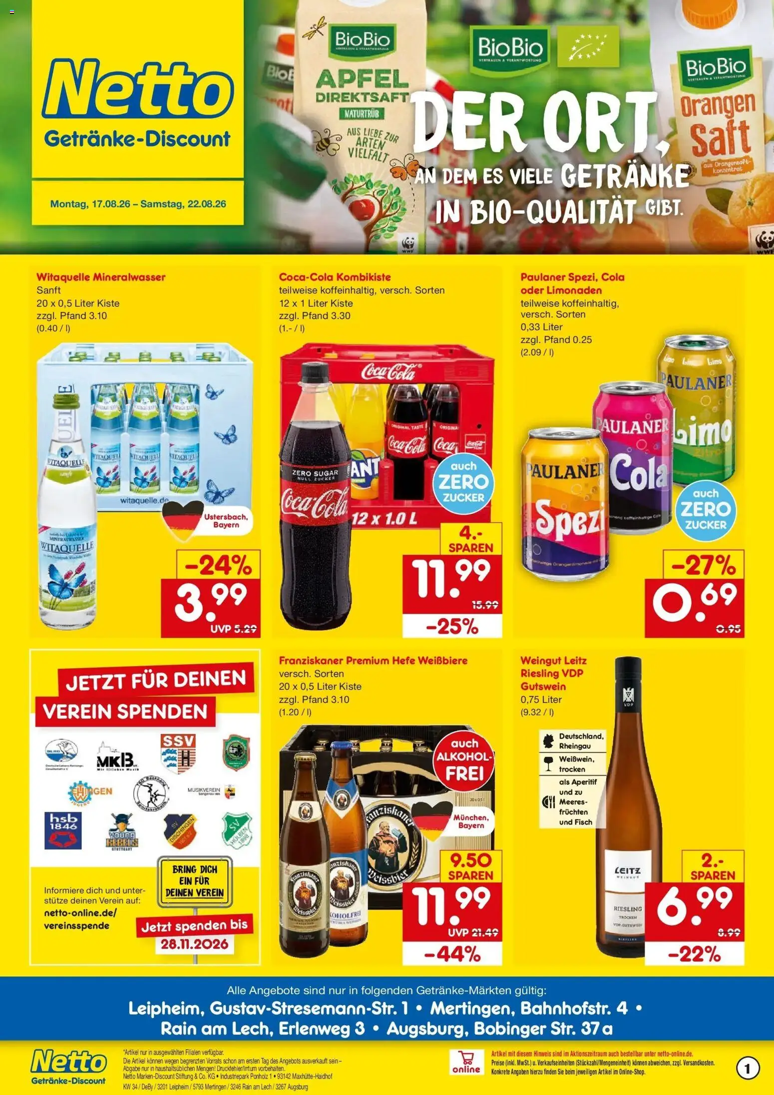 Netto Marken-Discount Prospekt Rain Am Lech – gültig ab 17.08.2026 | Seite: 1 | Produkte: Cola, Orangensaft, Zucker, Coca cola zero