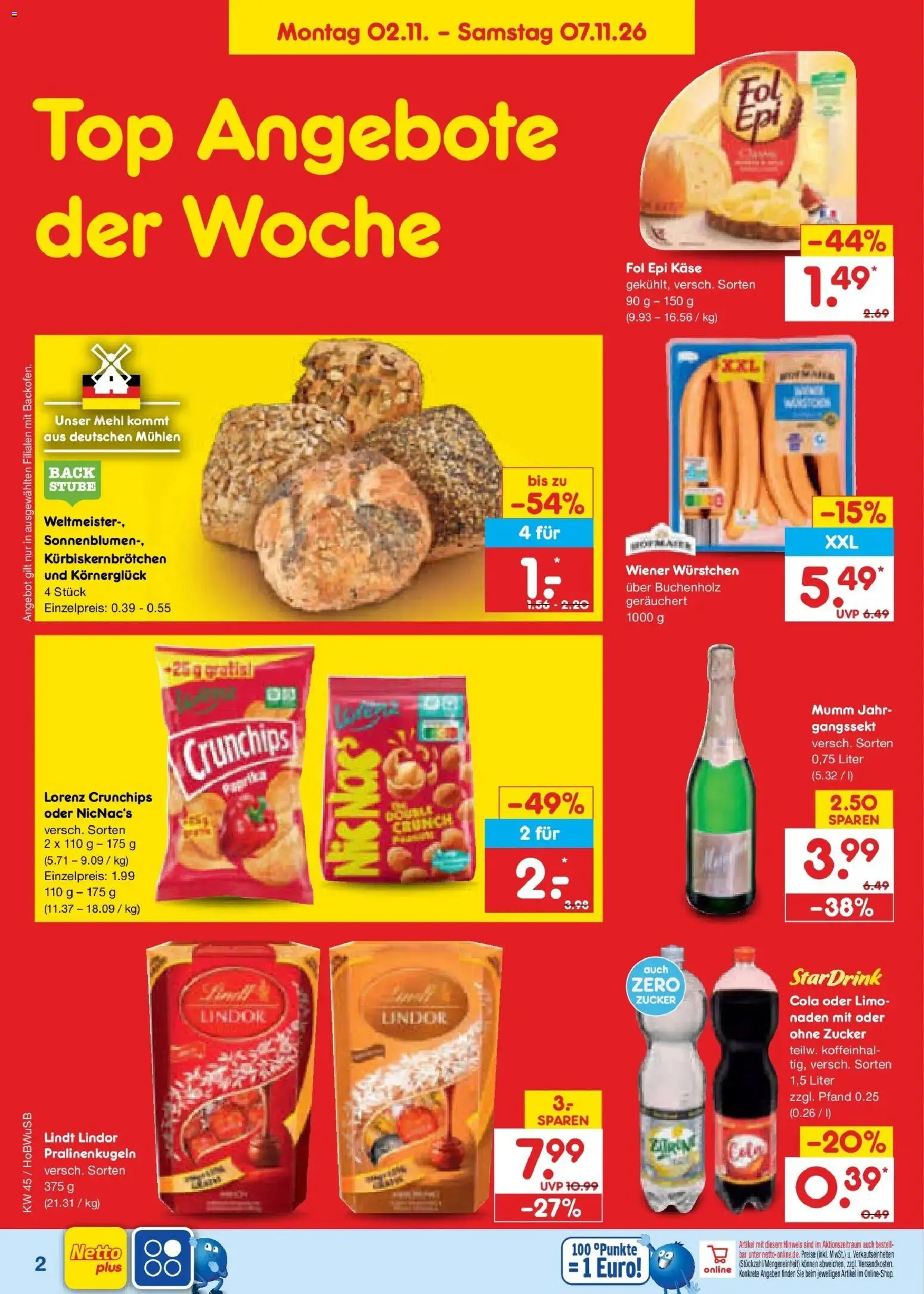 Netto Marken-Discount Prospekt Bielefeld (ab 02.11.2026) » Angebote | Seite: 2 | Produkte: Wiener wurstchen, Käse, Paprika, Lindt