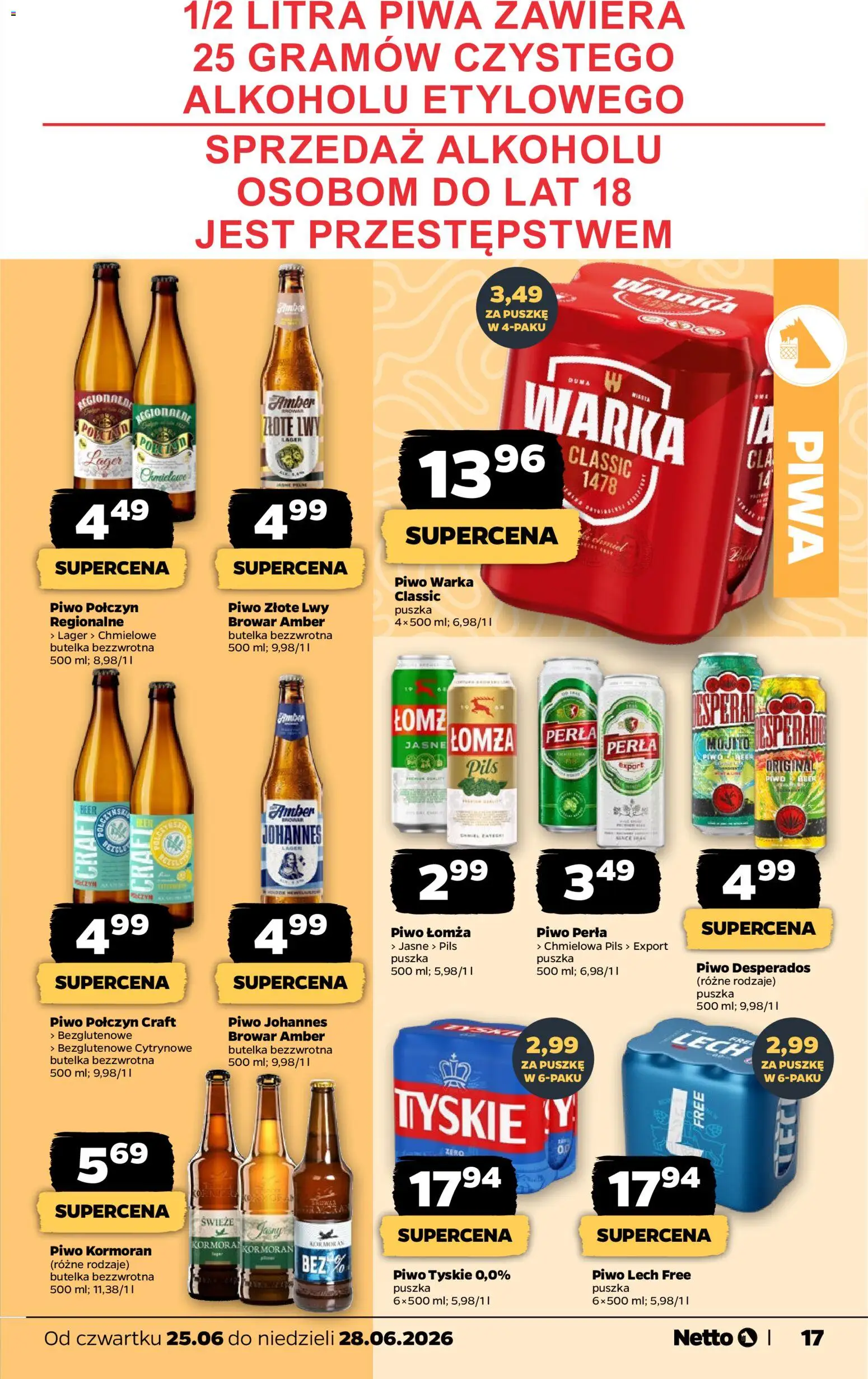 Netto gazetka od czwartku spożywcza od 25.06.2026 | Strona: 17 | Produkty: Piwo perła, Piwo Desperados, Tyskie, Piwo
