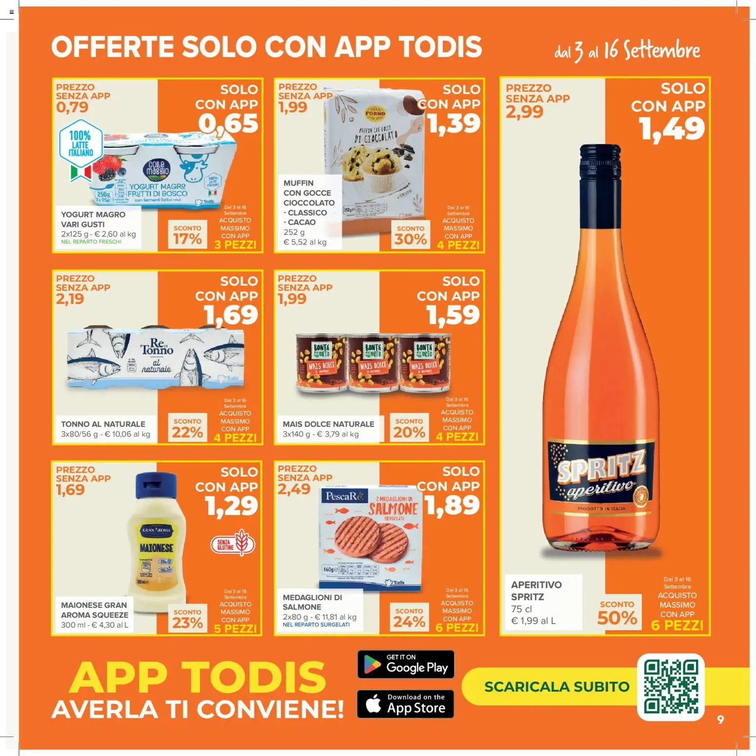 Volantino Todis del 03/09/2026 | Pagina: 9 | Prodotti: Salmone, Maionese, Muffin, Forno