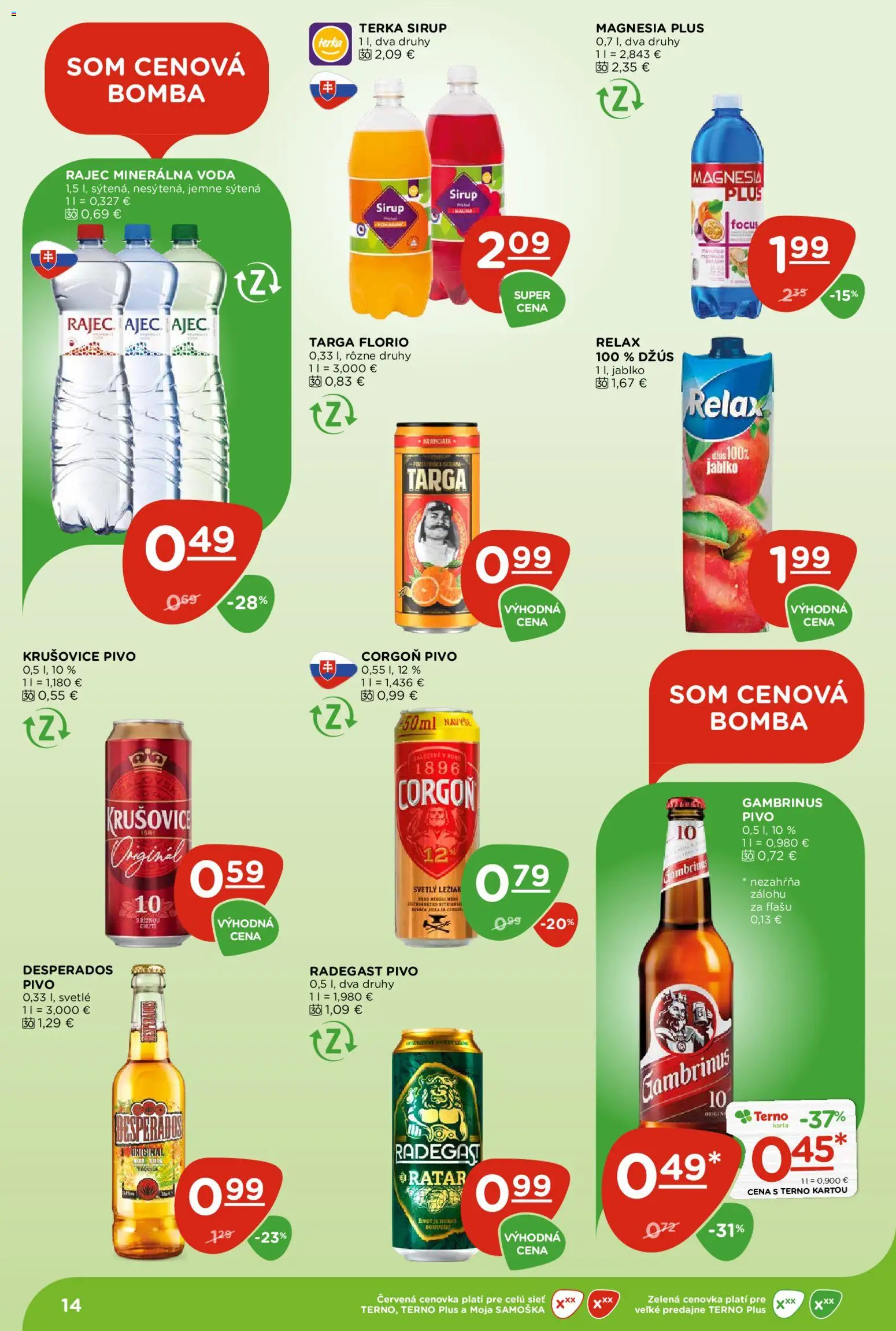 Nové Terno akcie – leták je platný od 23.04.2026 | Strana: 14 | Produkty: Radegast, Rajec, Corgoň, Minerálna voda
