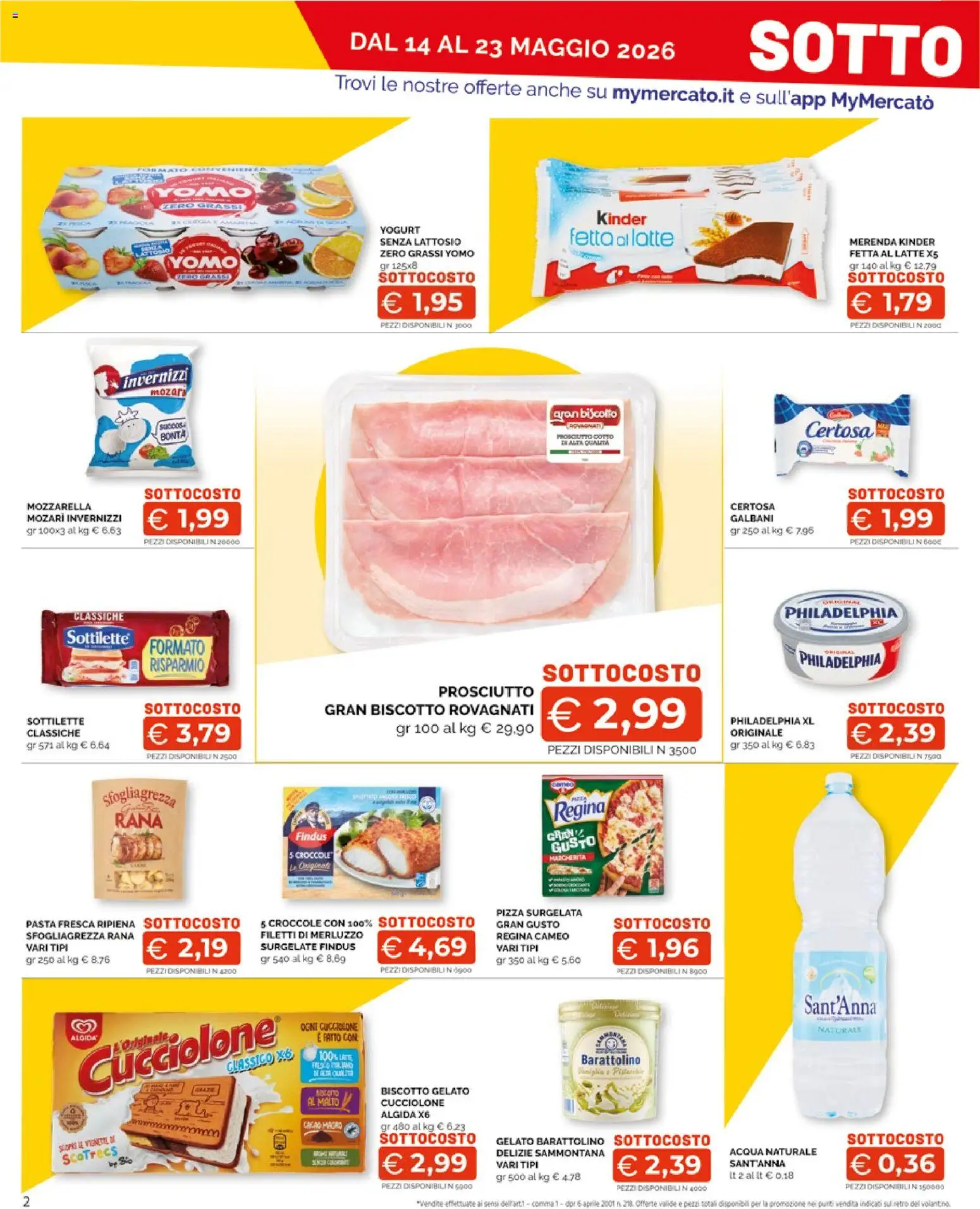 Volantino Mercatò del 14.05.2026 | Pagina: 2 | Prodotti: Yogurt senza lattosio, Merluzzo, Gelato, Acqua naturale