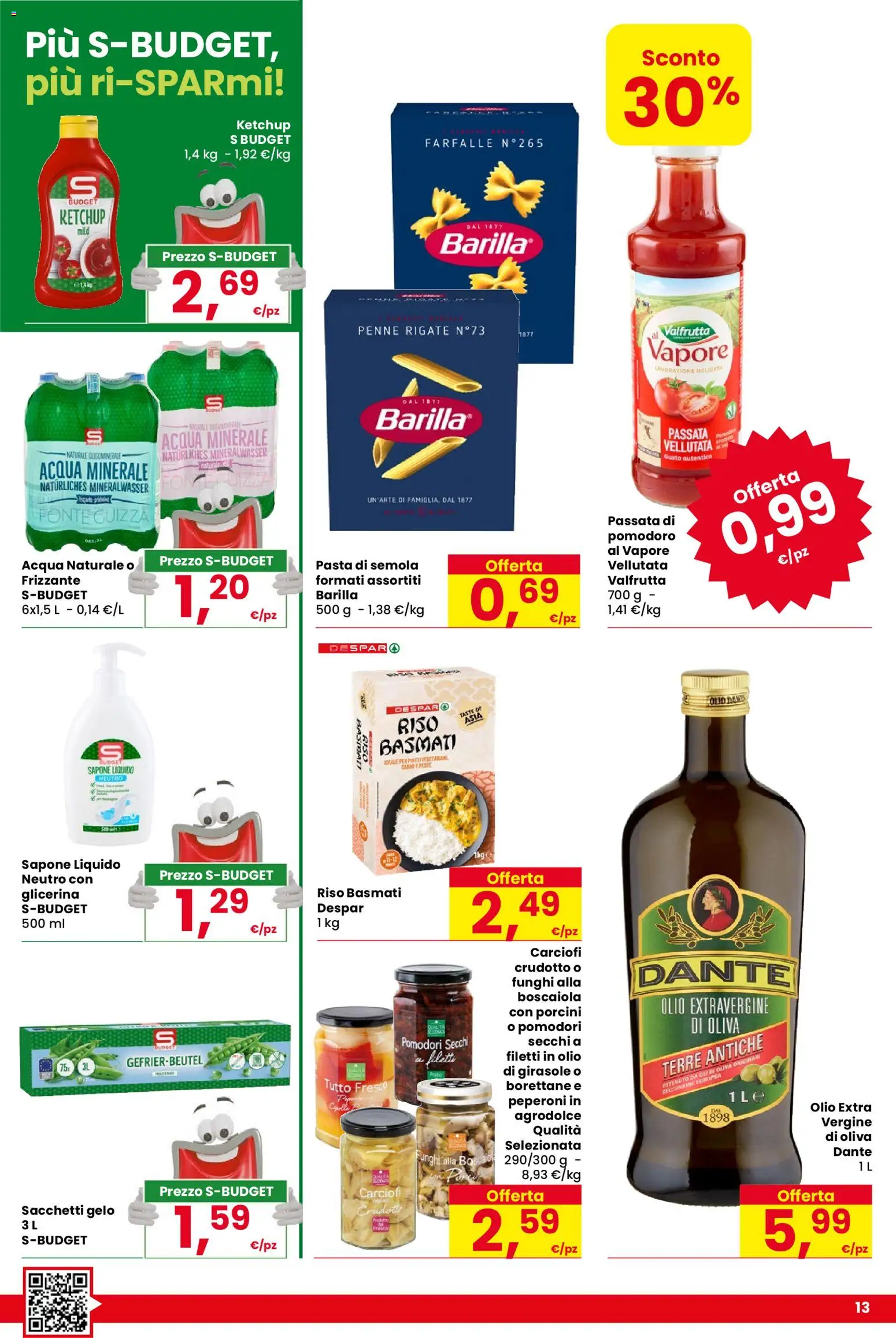 Volantino Despar del 09/07/2026 | Pagina: 13 | Prodotti: Carciofi, Acqua naturale, Acqua minerale, Penne