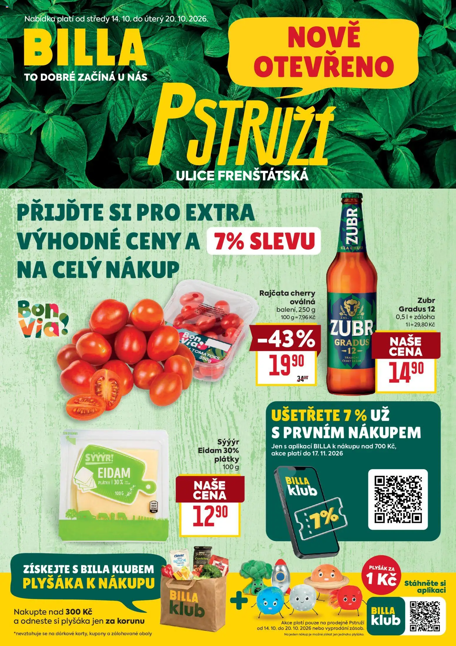 Billa leták - Pstruží od 14.10.2026 | Strana: 1 | Produkty: Zubr, Rajčata, Eidam, Plyšák