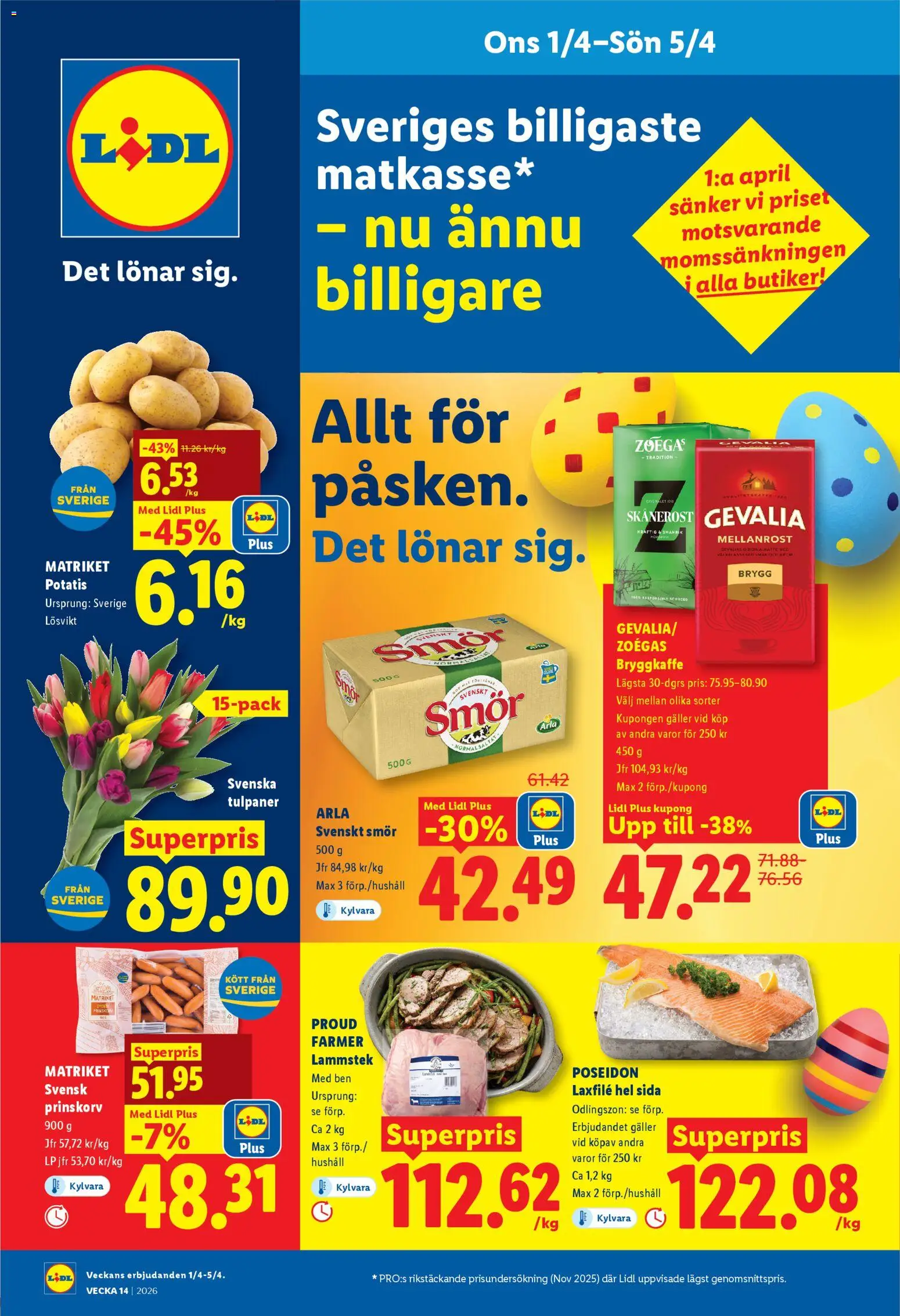 Lidl reklamblad aktuell från 01/04/2026 | Sida: 1 | Produkter: Prinskorv, Galler, Smör, Potatis