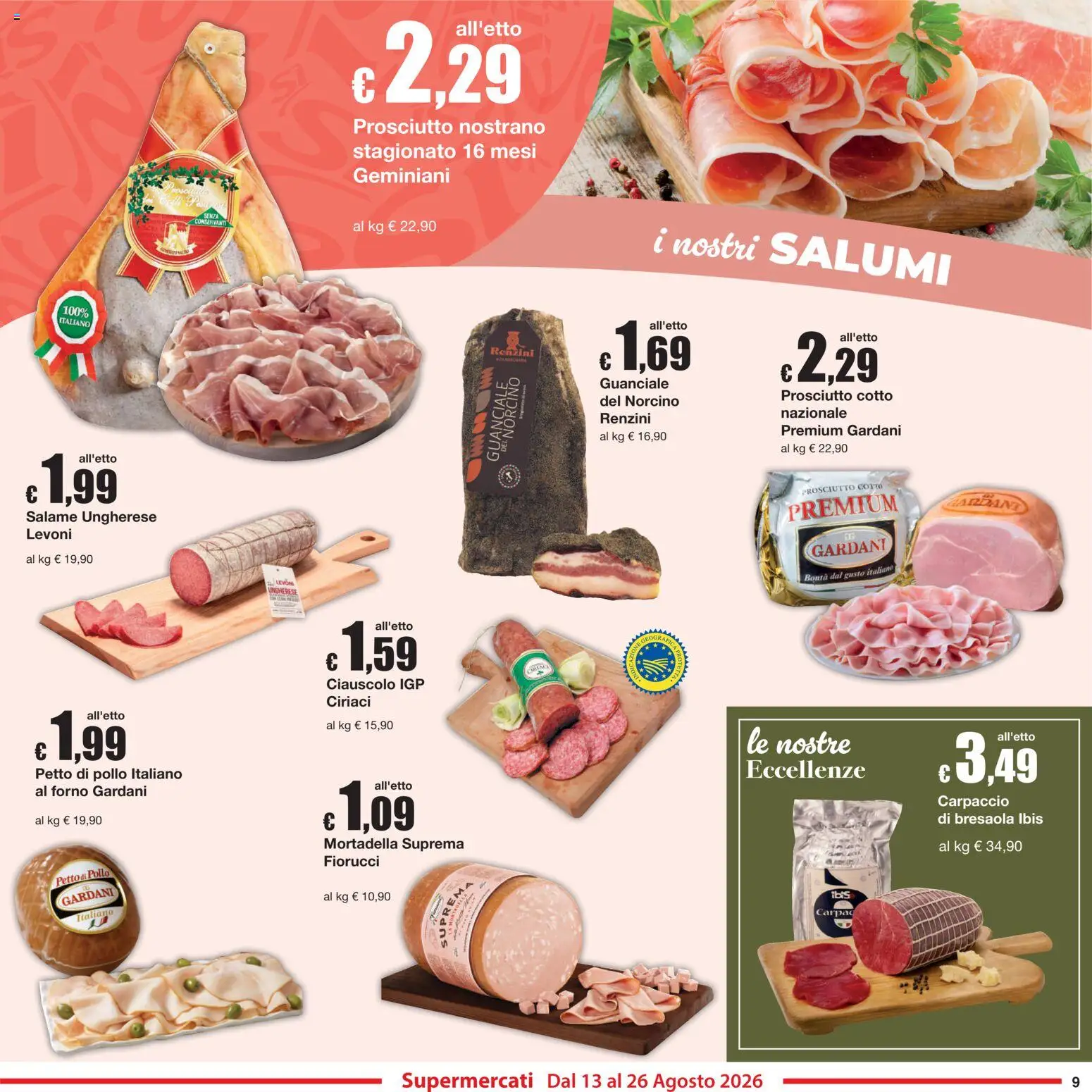 Volantino Sì con Te del 13/08/2026 | Pagina: 9 | Prodotti: Carpaccio, Bresaola, Mortadella, Guanciale