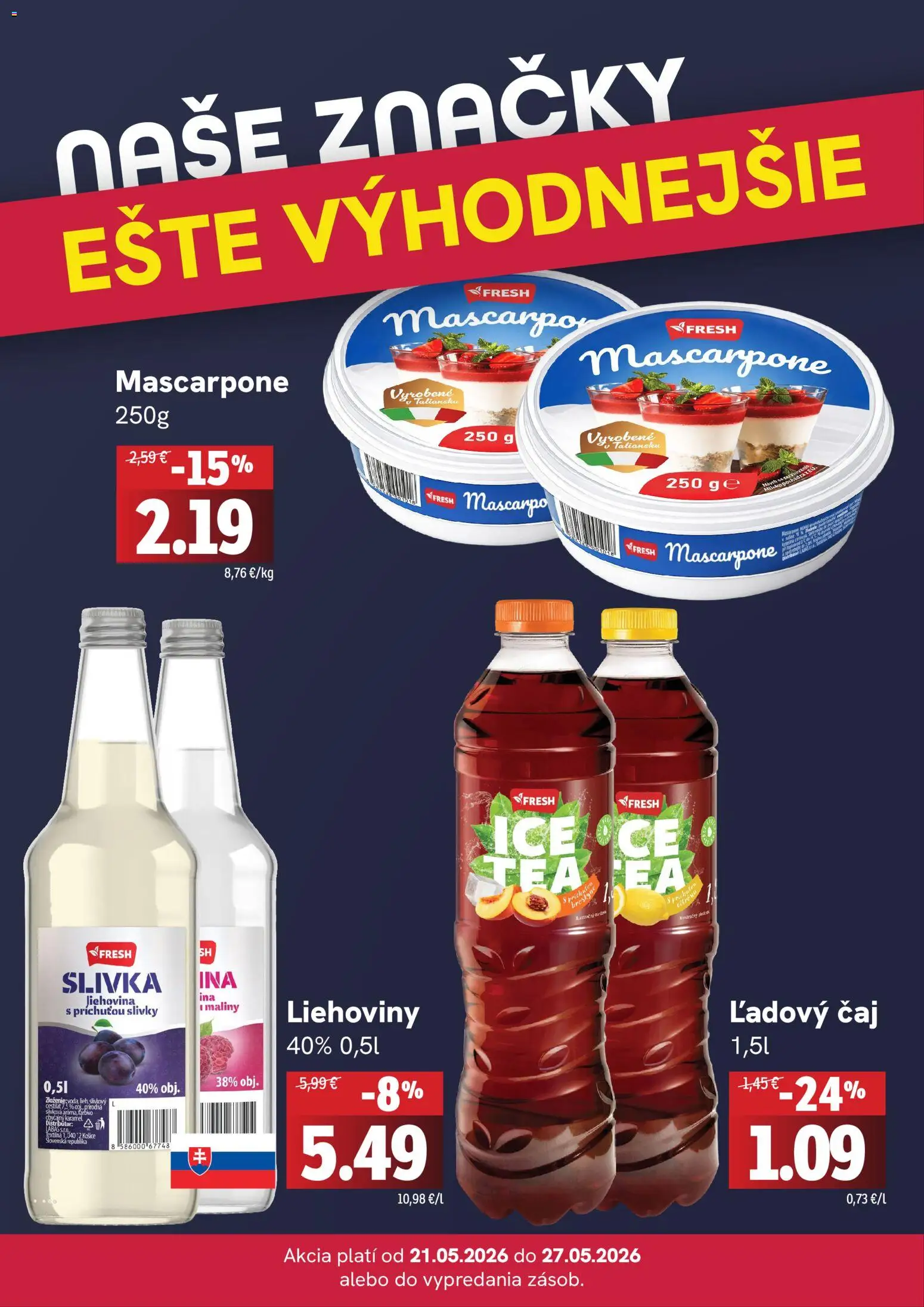 Nové Fresh akcie – leták je platný od 21.05.2026 | Strana: 4 | Produkty: Voda, Mascarpone, Slivky, Maliny