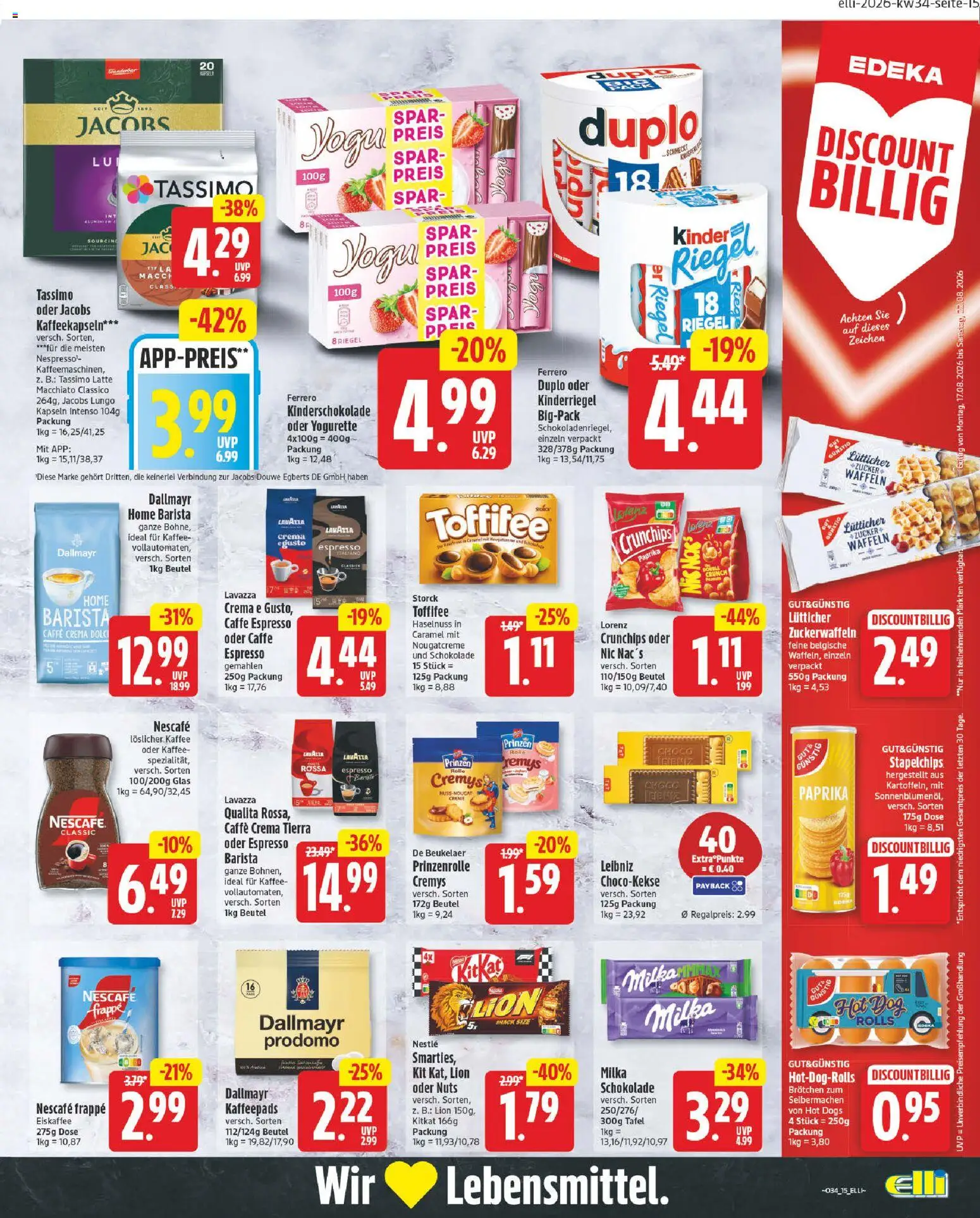 Elli Markt Prospekt Delbrück – gültig ab 17.08.2026 | Seite: 15 | Produkte: Kaffeepads, Schokolade, Milka, Waffeln