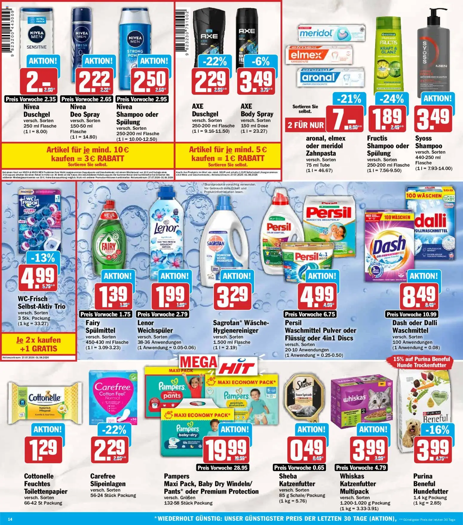 HIT Prospekt – gültig ab 27.07.2026 | Seite: 14 | Produkte: Katzenfutter, Duschgel, Weichspüler, Toilettenpapier