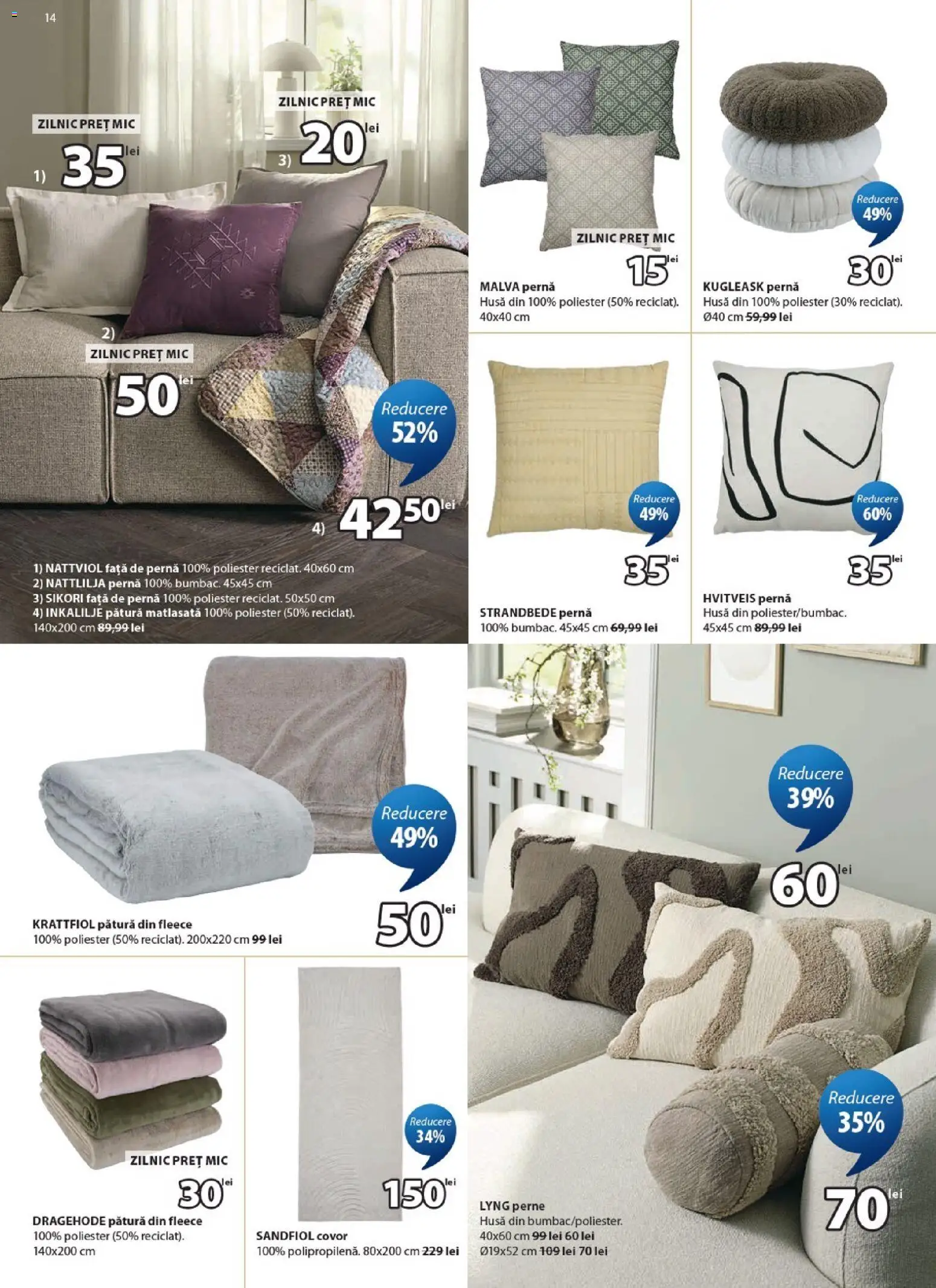 Noul catalog JYSK – valabil de la 04.08.2026 | Pagină: 14 | Produse: Pernă, Pătură, Covor, Față de pernă