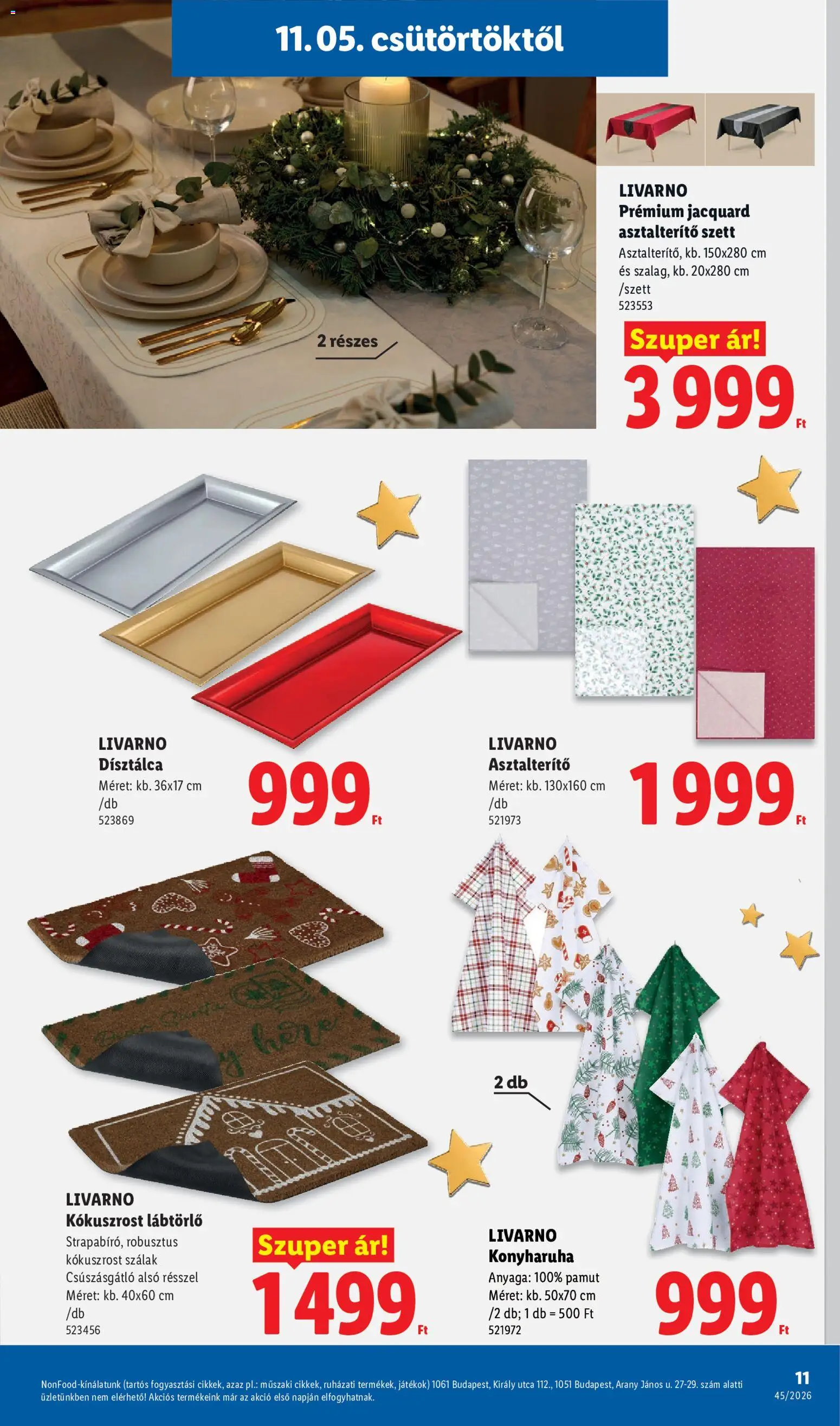 Lidl akciós ujság - amely érvényes a következő dátumtól: 2026.11.05. | Oldal: 11 | Termékek: Konyharuha, Játékok, Lábtörlő, Asztalterítő