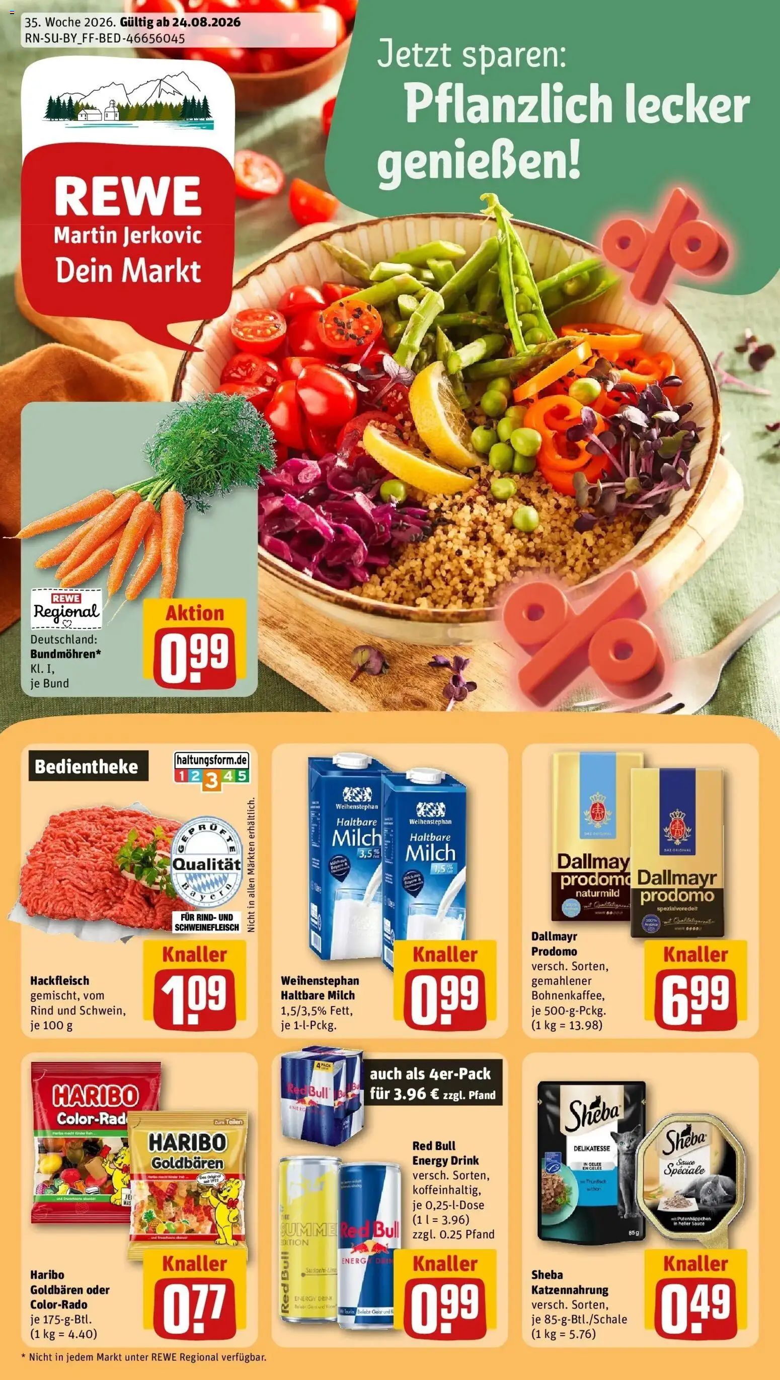 REWE Prospekt ab 24.08.2026 zum Blättern » Angebote | Seite: 1 | Produkte: Haribo, Energy, Haltbare milch, Hackfleisch