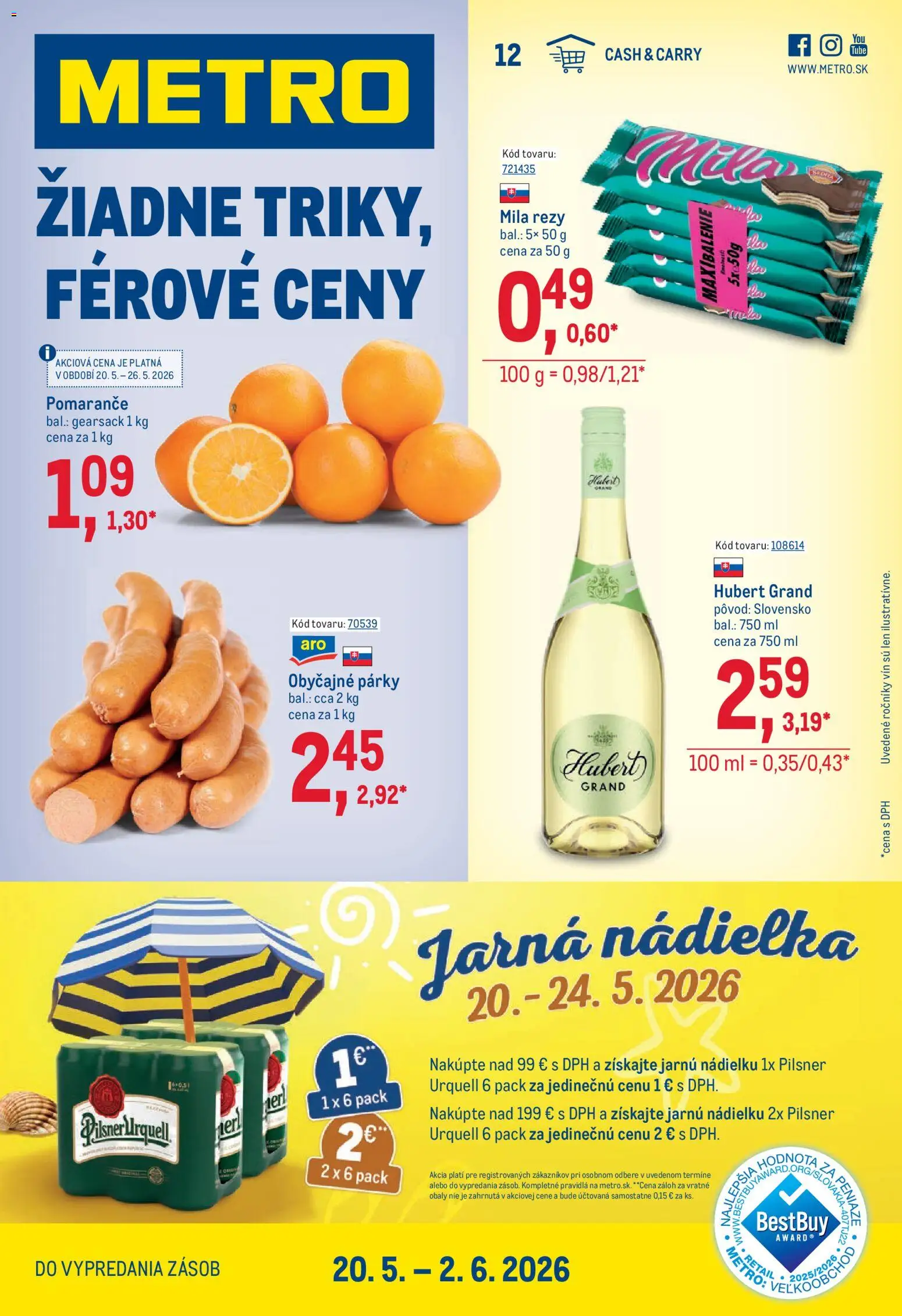 Nové Metro akcie – leták je platný od 20.05.2026 | Strana: 1 | Produkty: Pilsner Urquell, Pomaranče, Mila, Párky
