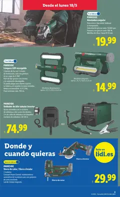 Vista previa PARKSIDE Lámpara LED recargable, 2 fuentes de luz con 2 niveles de iluminación, cada una giratoria en un rango de 0-250°. Fácil de fijar gracias a los imanes y la suspensión desplegable. Se puede plegar para ahorrar espacio. La batería y el cargador no están incluidos. Batería recomendada: 12 V (2 Ah). Flujo luminoso: máx. 700 Im. válido desde el 18.05.2026 | Página: 15