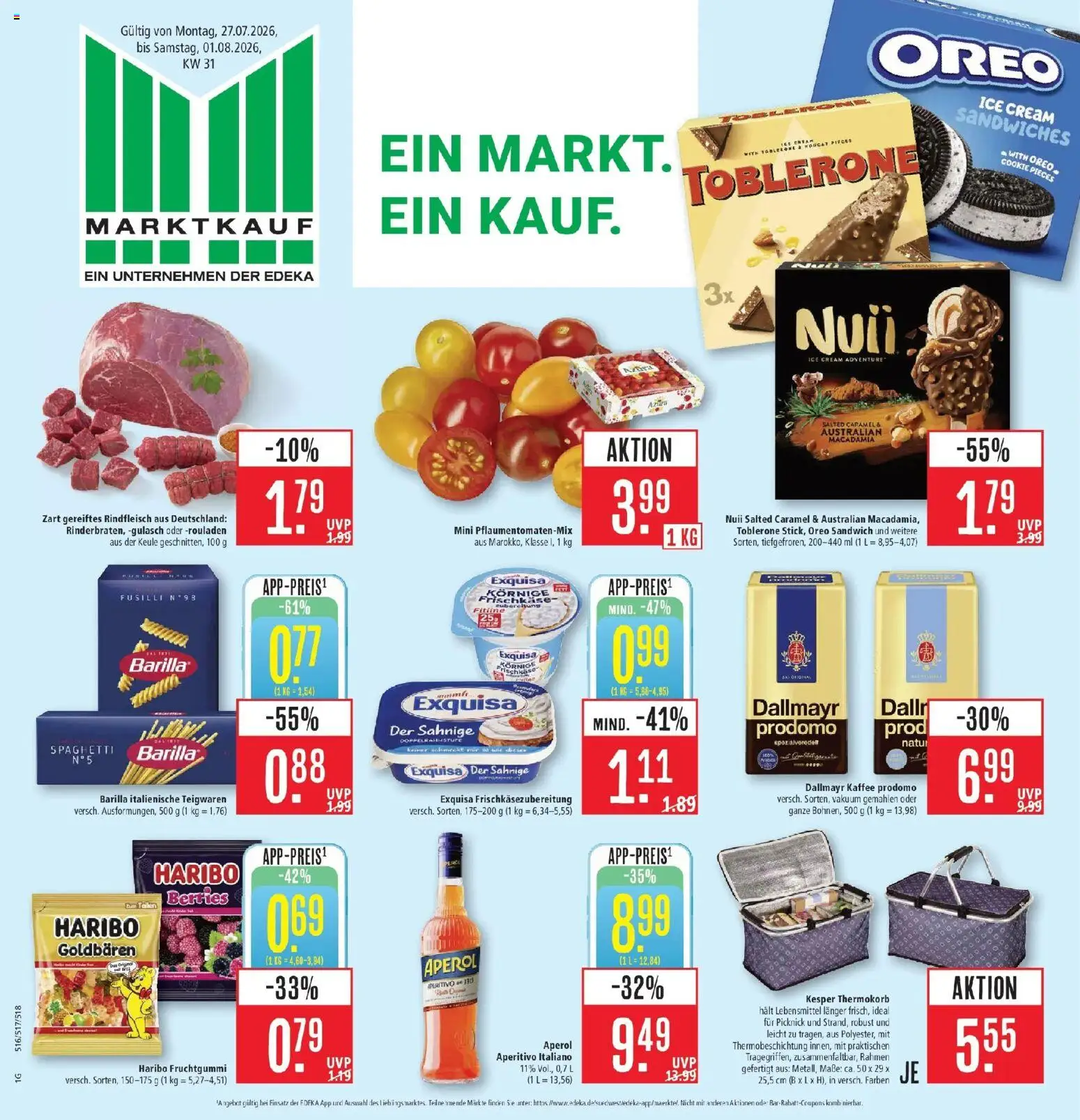 Marktkauf Prospekt Kirchheim – gültig ab 27.07.2026 | Seite: 1 | Produkte: Haribo, Barilla, Aperol, Rindfleisch