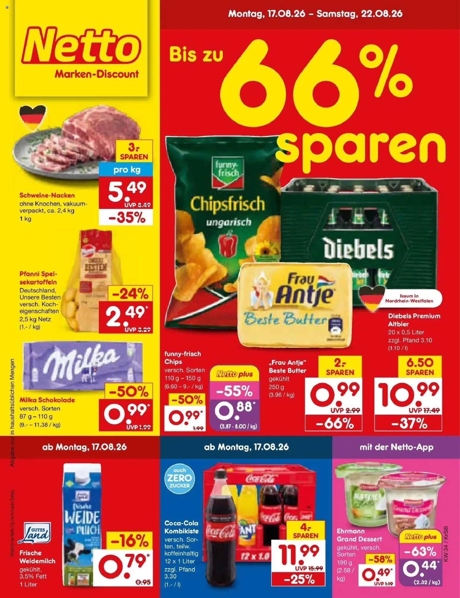 Netto Marken-Discount Prospekt Jüchen – gültig ab 17.08.2026 | Seite: 1 | Produkte: Schokolade, Milka schokolade, Schweinenacken, Milka