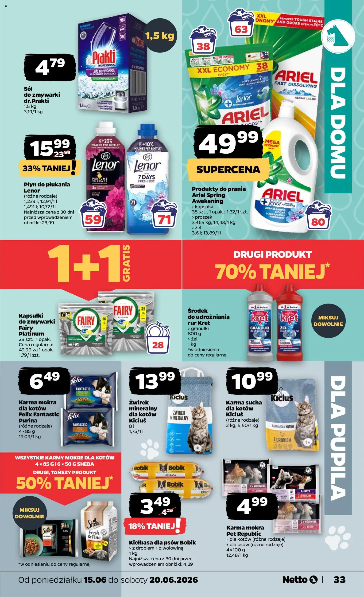Netto gazetka od poniedziałku spożywcza od 15.06.2026 | Strona: 33 | Produkty: Kiełbasa, Ariel, Karma dla kotów, Kapsułki do zmywarki