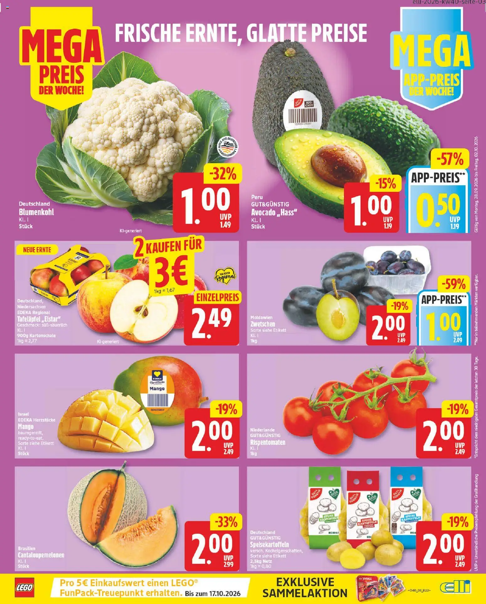 Elli Markt Prospekt – gültig ab 28.09.2026 | Seite: 3 | Produkte: Avocado, Kartoffeln, Mango, Blumenkohl