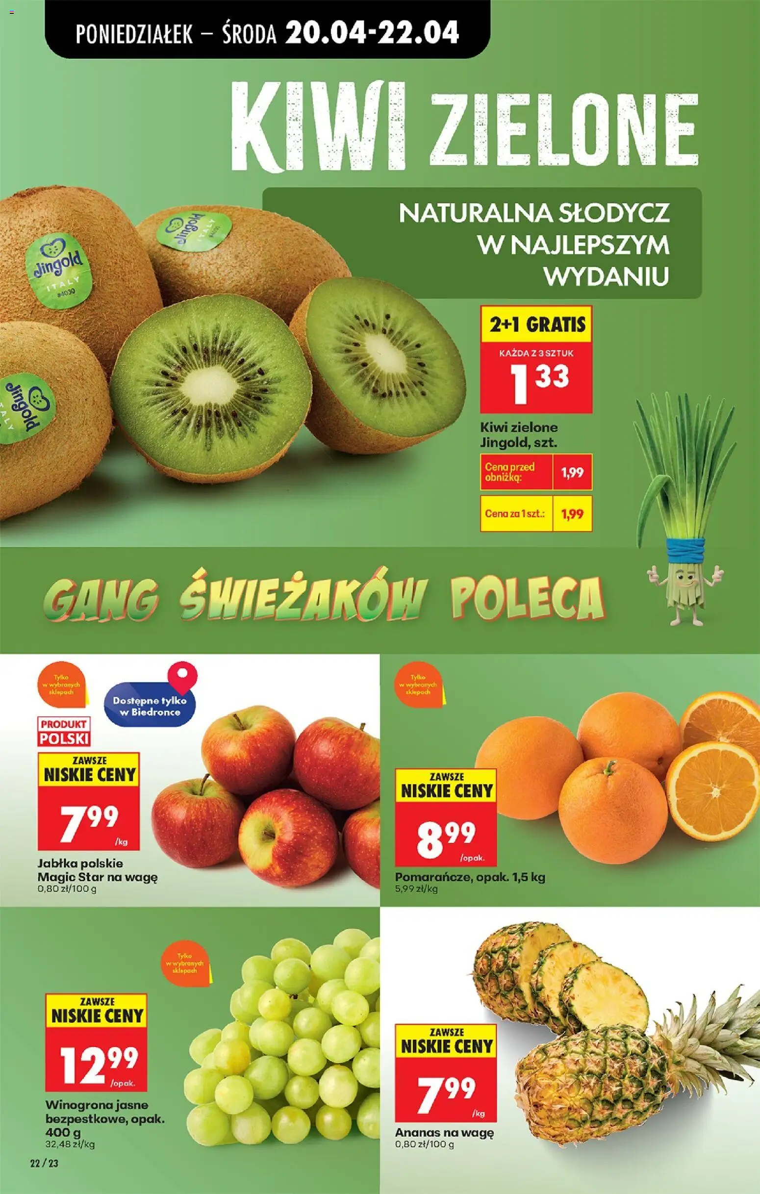 Biedronka gazetka od poniedziałku od 20.04.2026 | Strona: 44 | Produkty: Winogrona, Jabłka, Ananas, Kiwi