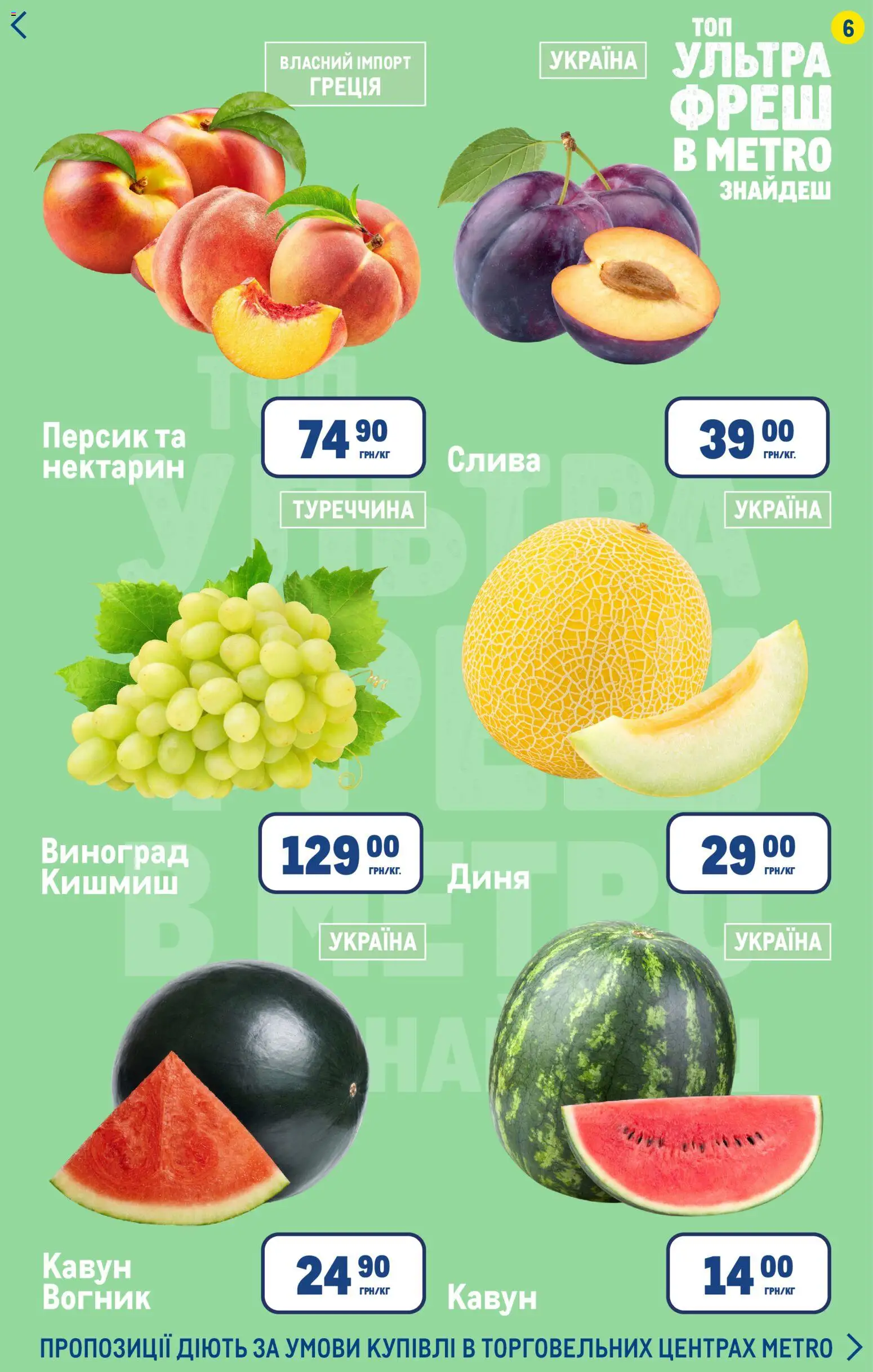 Metro Kаталог - дійснийкції з 06.08.2026 | Сторінка: 6 | Товари: Персик, Нектарин, Виноград, Диня