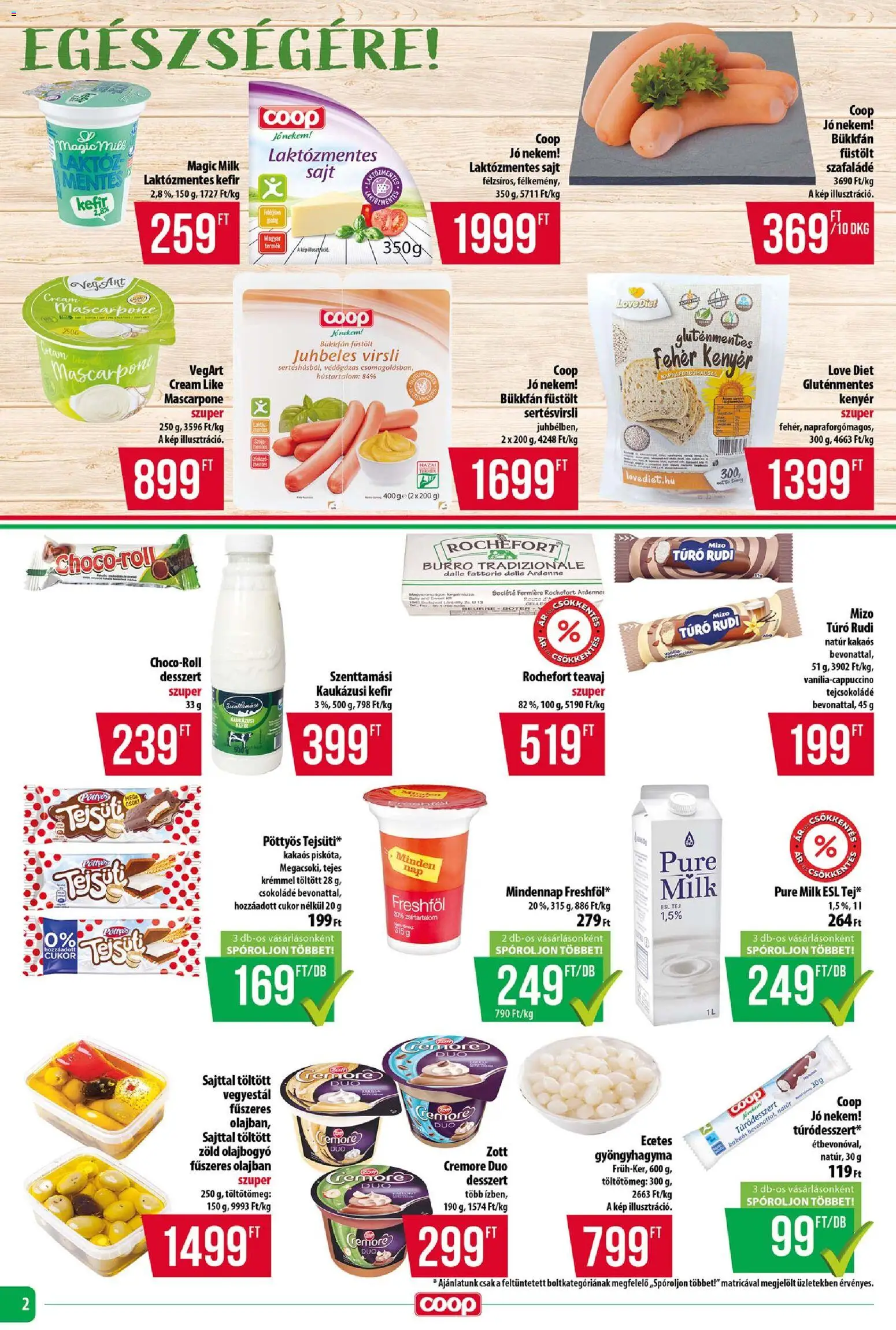 COOP akciós ujság - amely érvényes a következő dátumtól: 23.04.2026 | Oldal: 2 | Termékek: Virsli, Túró rudi, Kaukázusi kefír, Gluténmentes