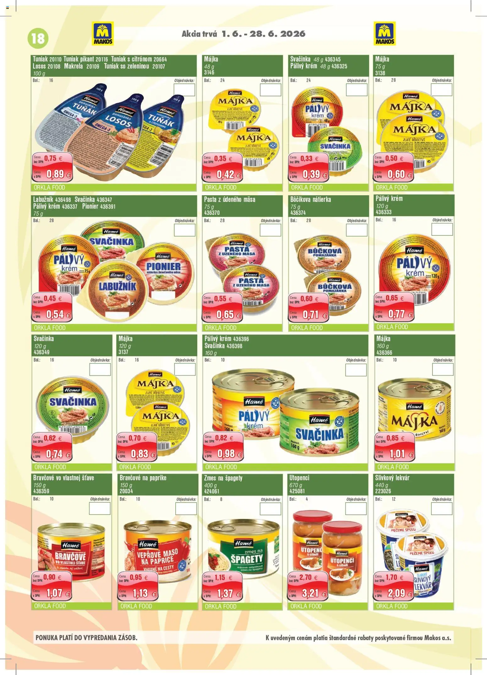 Nové Makos akcie – leták je platný od 01.06.2026 | Strana: 18 | Produkty: Tuniak, Losos, Krém, Špagety