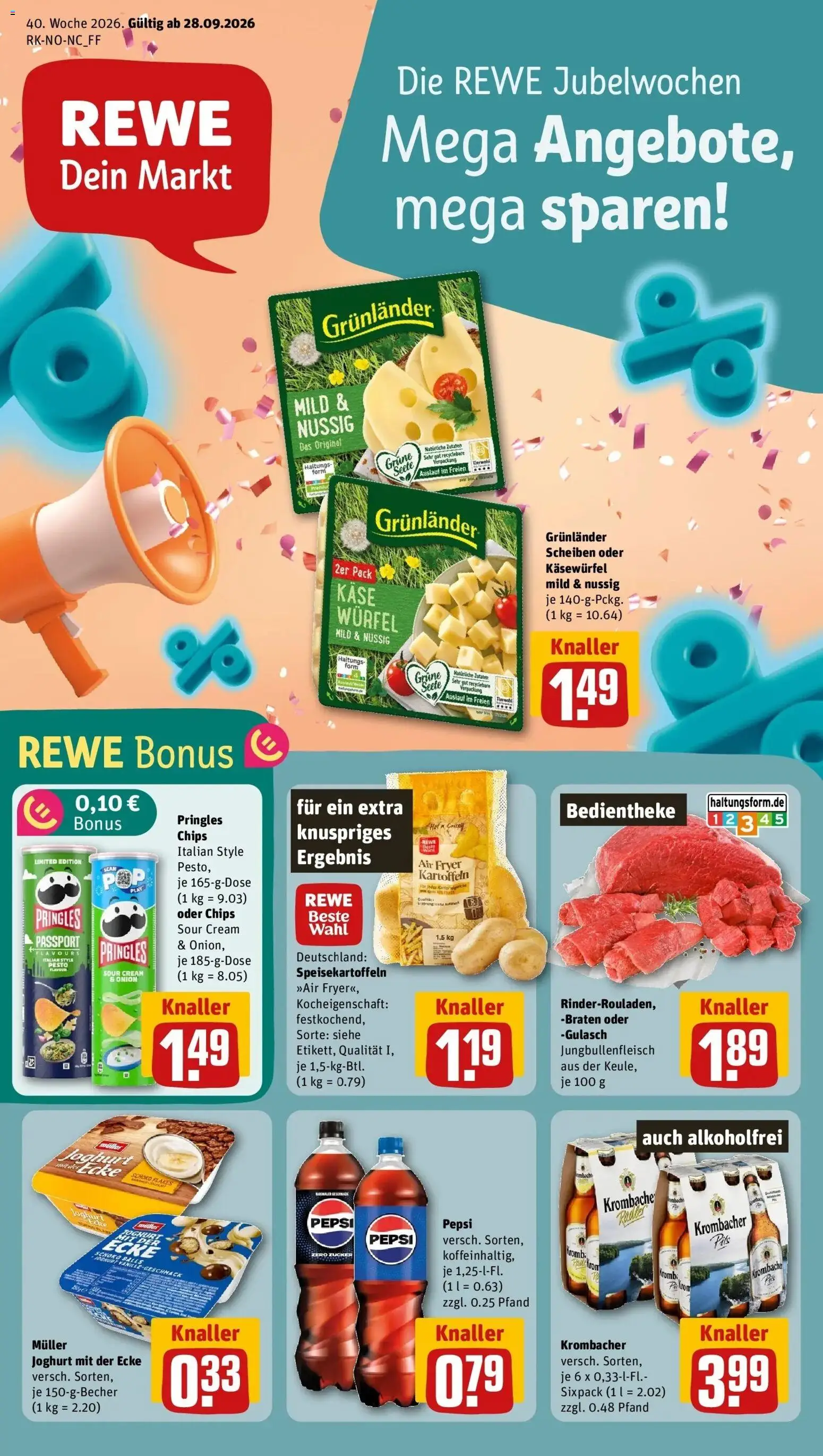 REWE Prospekt ab 28.09.2026 zum Blättern » Angebote | Seite: 1 | Produkte: Käse, Zucker, Pringles, Chips