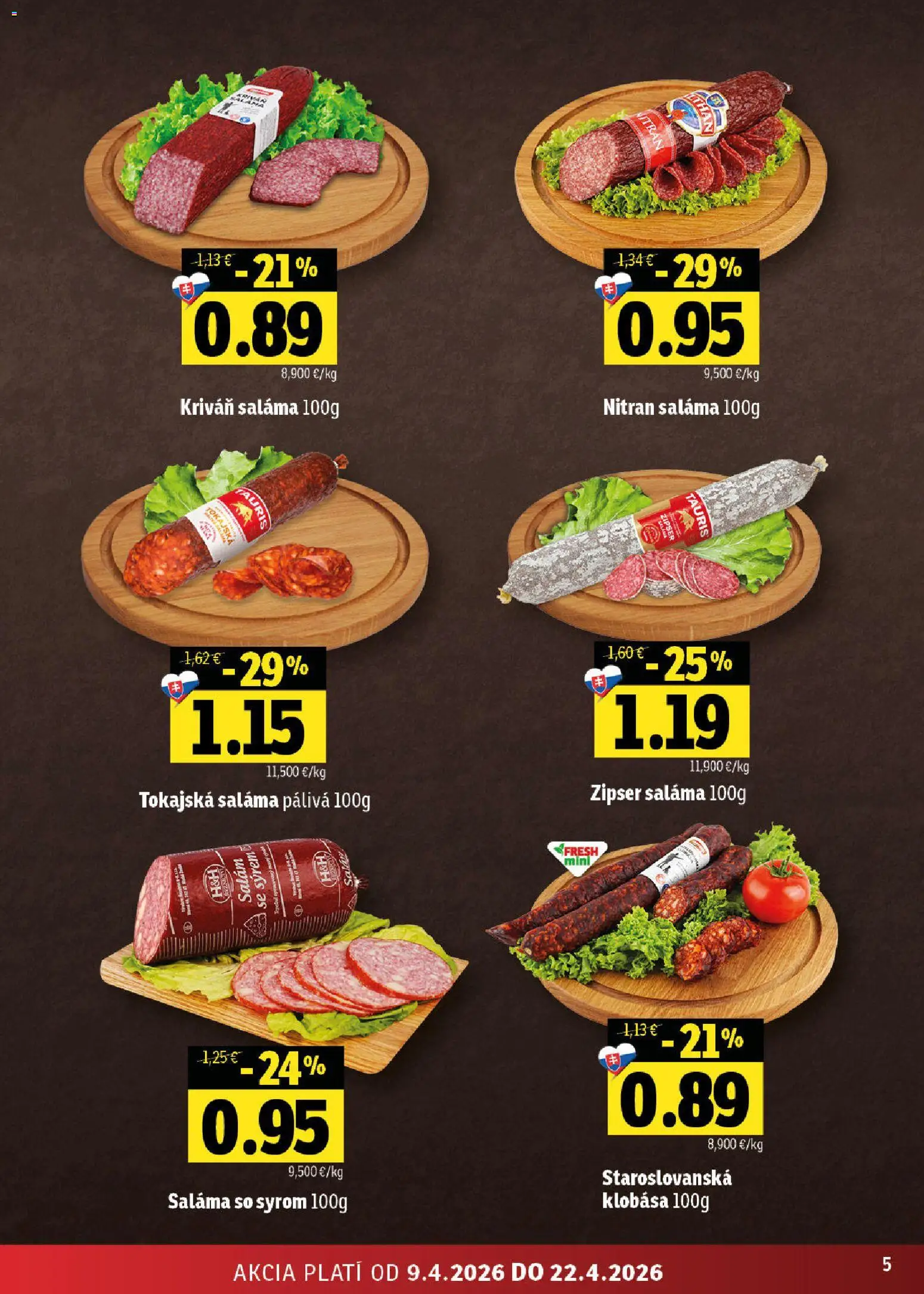 Nové Fresh akcie – leták je platný od 09.04.2026 | Strana: 5 | Produkty: Saláma, Klobása