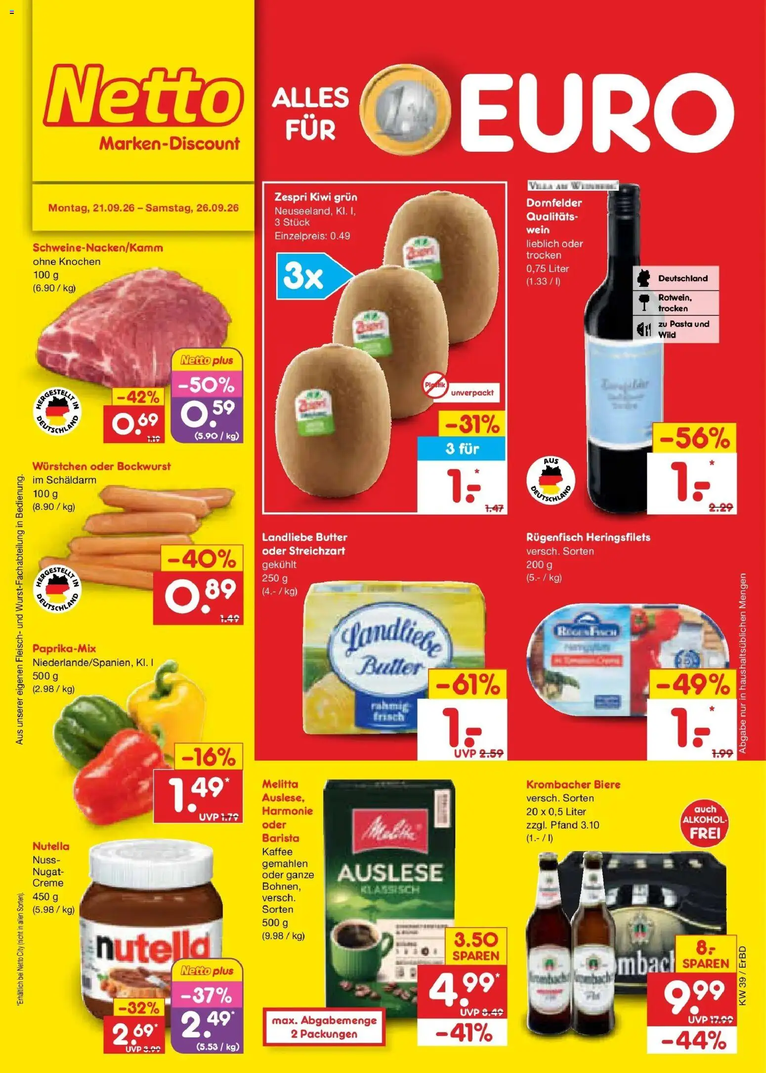 Netto Marken-Discount Prospekt Weimar – gültig ab 21.09.2026 | Seite: 1 | Produkte: Melitta, Kaffee, Landliebe butter, Krombacher