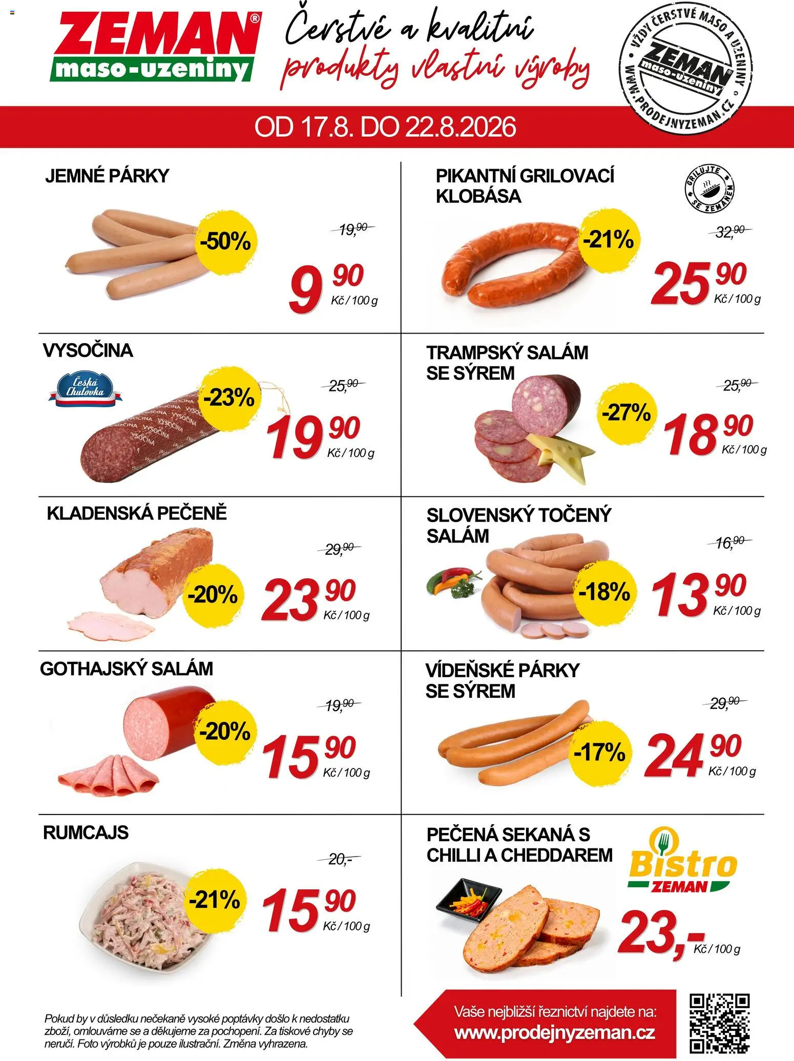 Prodejny Zeman aktuální leták od 17.08.2026 | Strana: 1 | Produkty: Salám, Klobása, Uzeniny, Chilli