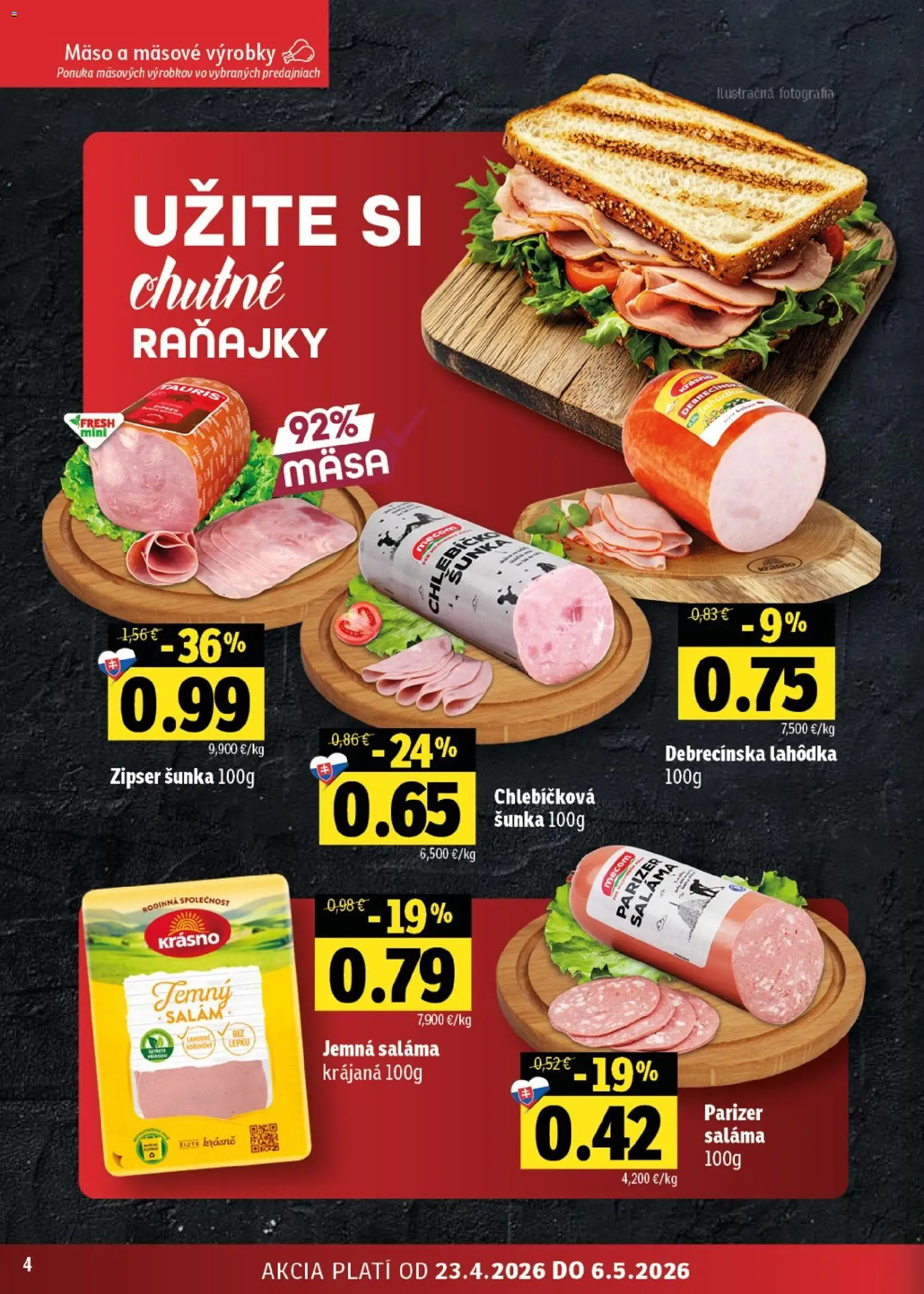 Nové Fresh akcie – leták je platný od 23.04.2026 | Strana: 4 | Produkty: Saláma, Šunka