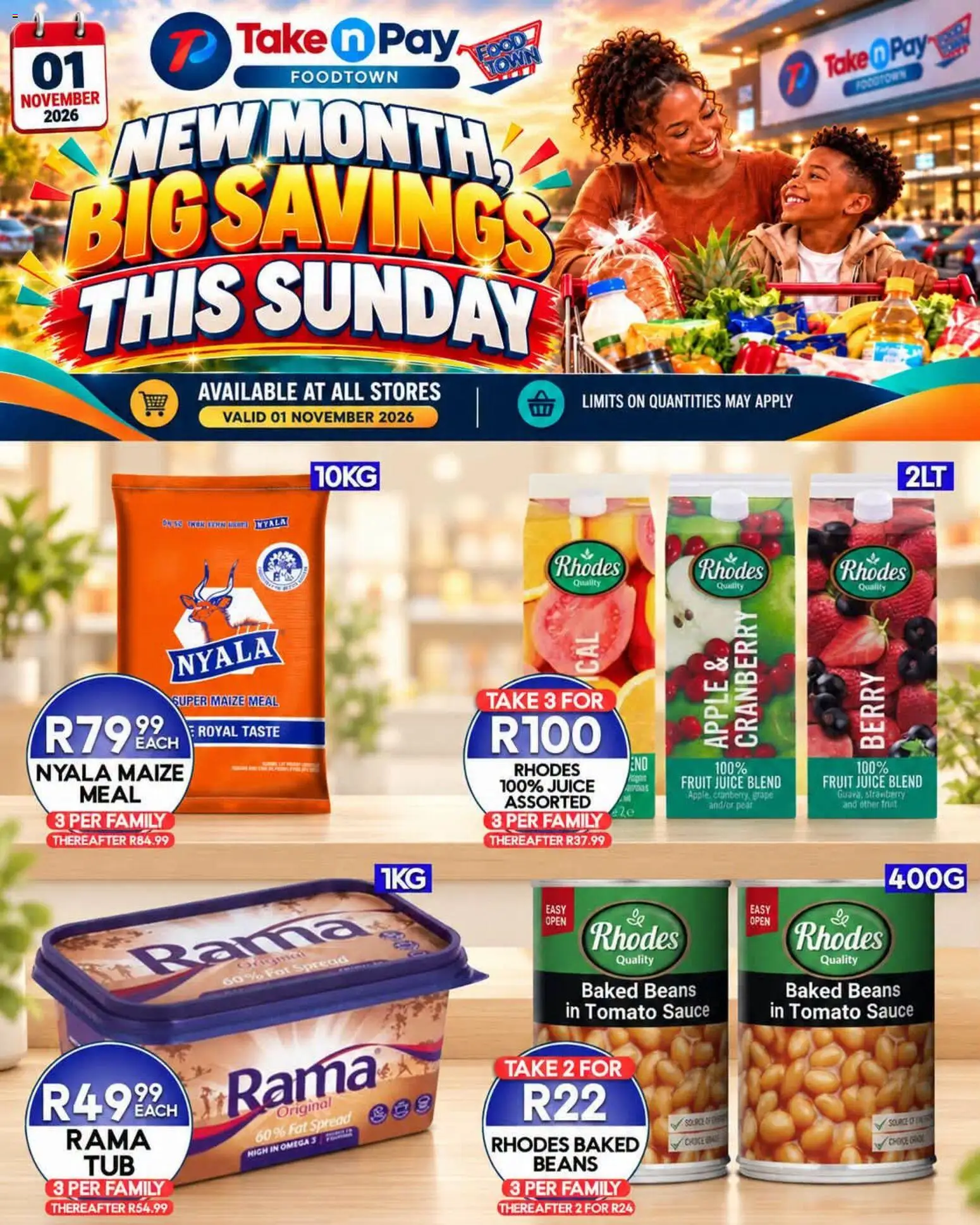 New Take n Pay catalogue – valid from 01/11/2026 | Page: 1 | Products: Beans, Spread, Maize meal, Sauce
