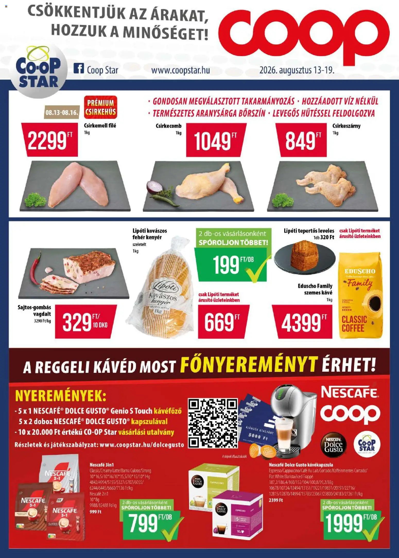 COOP akciós ujság - amely érvényes a következő dátumtól: 2026.08.13. | Oldal: 1 | Termékek: Nescafé, Doboz, Szemes kávé, Víz