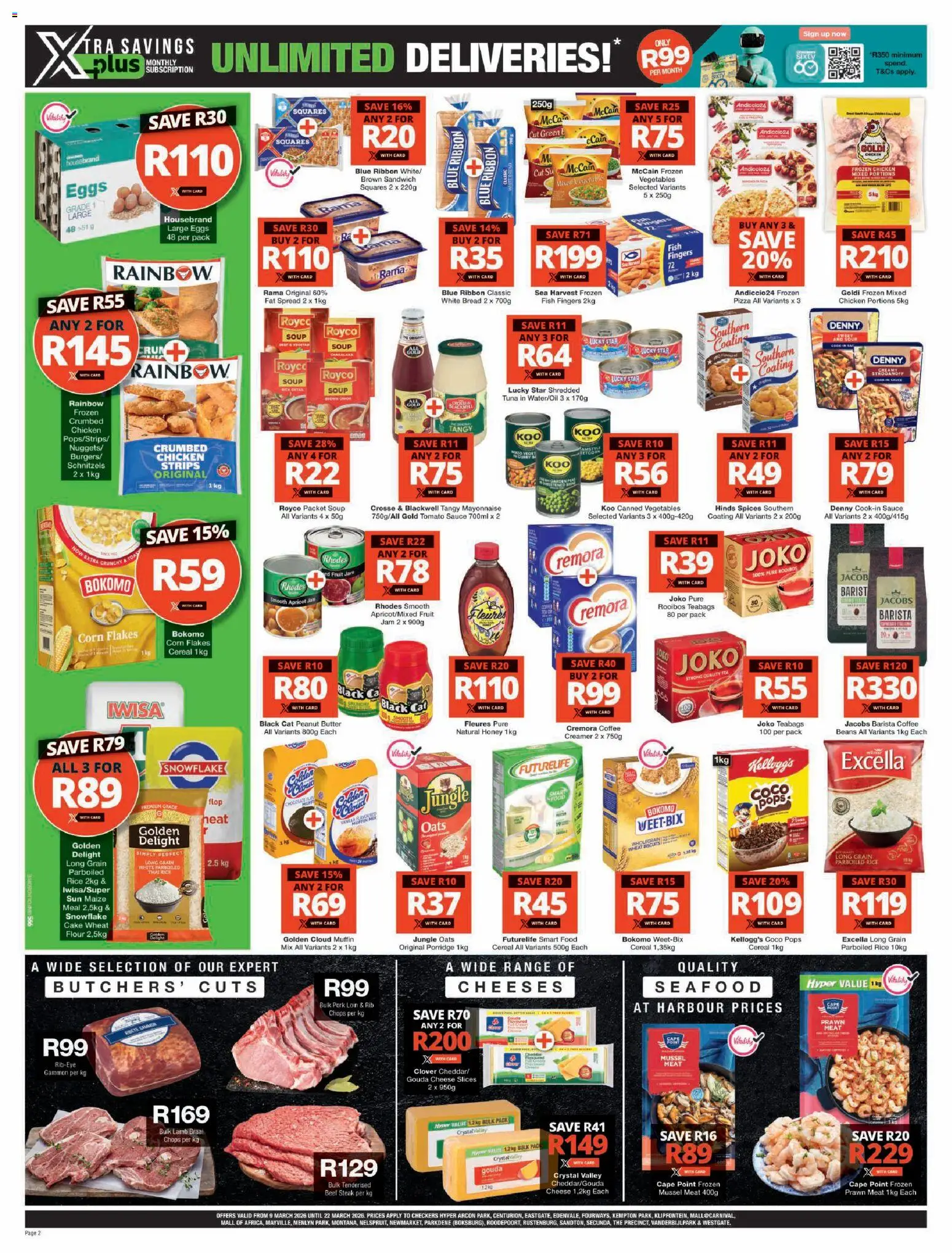 New Checkers catalogue – valid from 09.03.2026 | Page: 2 | Products: Pizza, Rice, Fruit, Seafood