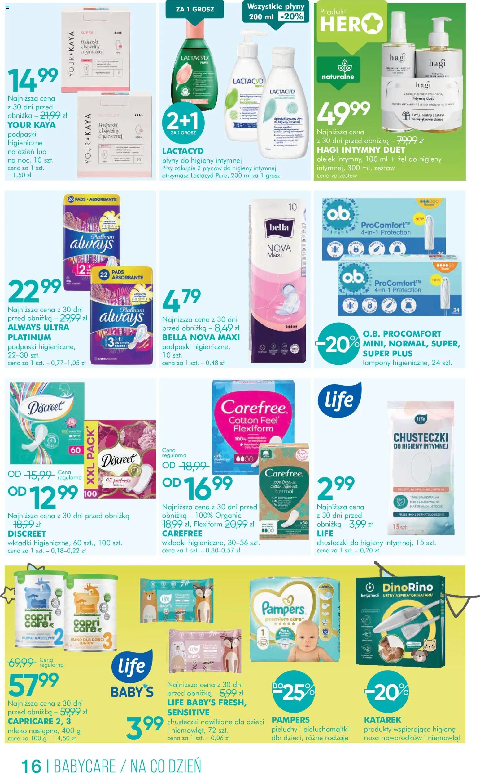 Super-pharm gazetka od 05.09.2026 | Strona: 16 | Produkty: Chusteczki nawilżane, Tampony, Podpaski, Mleko