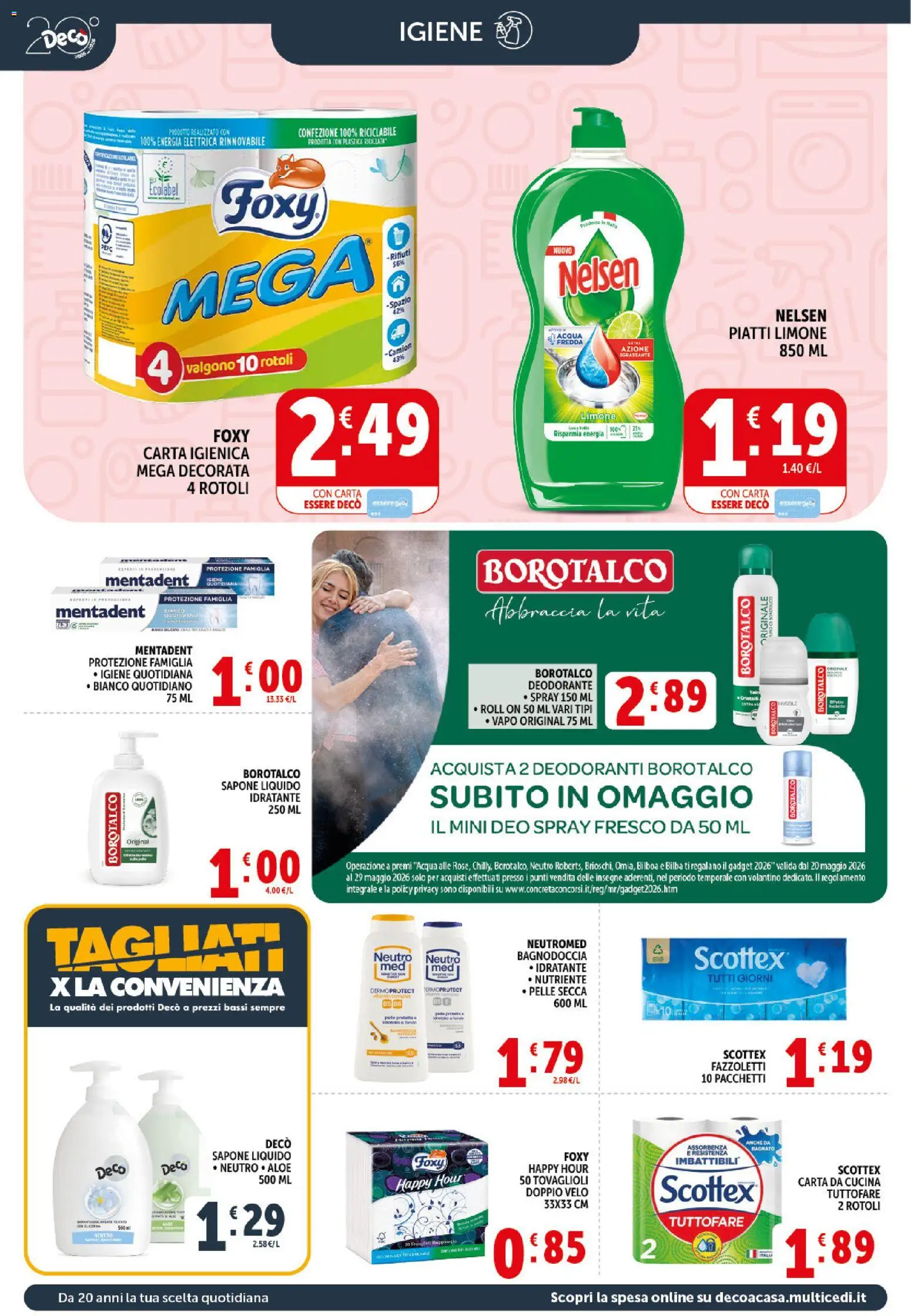 Volantino Decò del 20.05.2026 | Pagina: 18 | Prodotti: Carta igienica, Sapone, Acqua, Limone