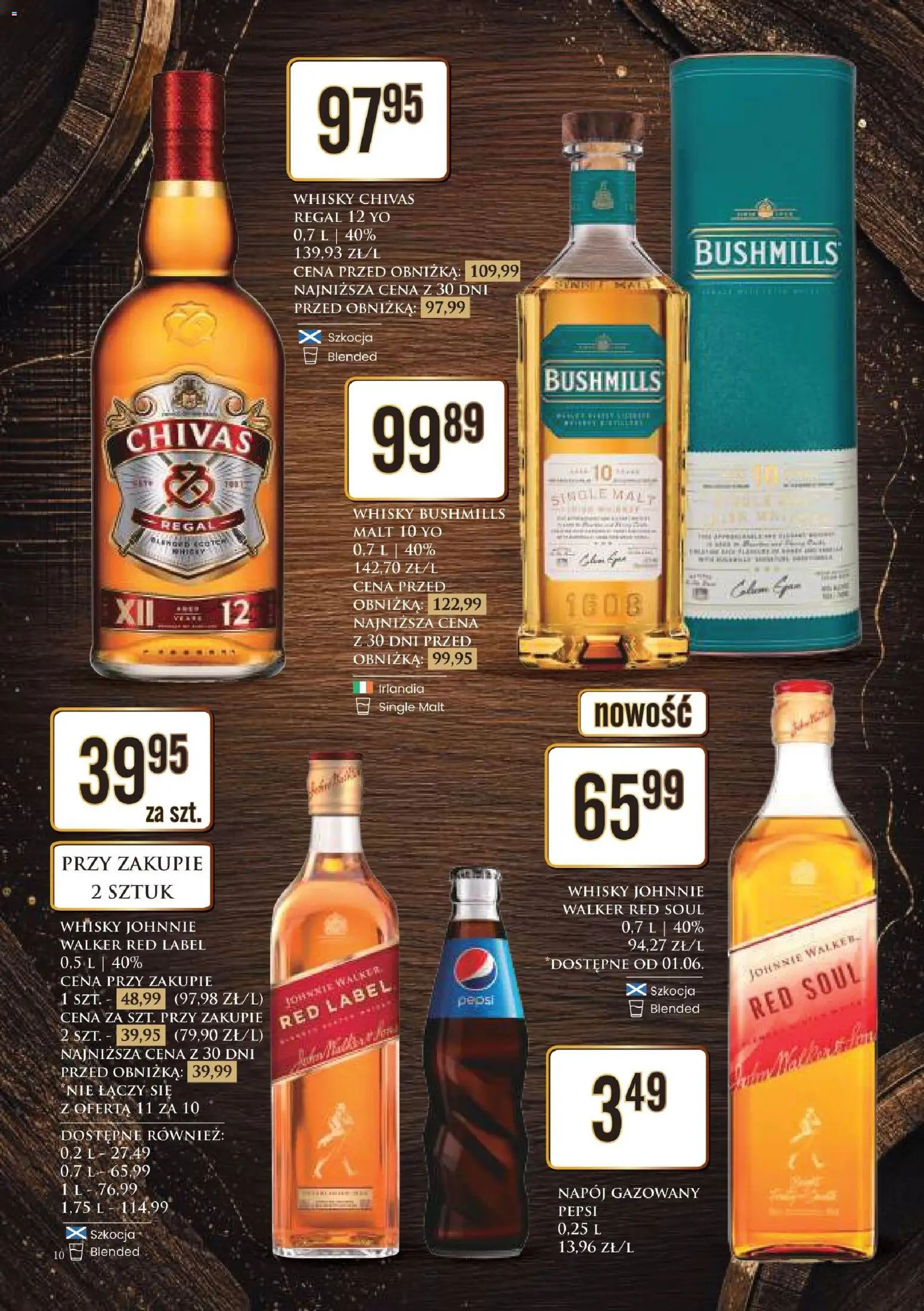 Dino gazetka alkoholowa od 29.05.2026 | Strona: 10 | Produkty: Whisky Bushmills, Pepsi, Red label, Regał