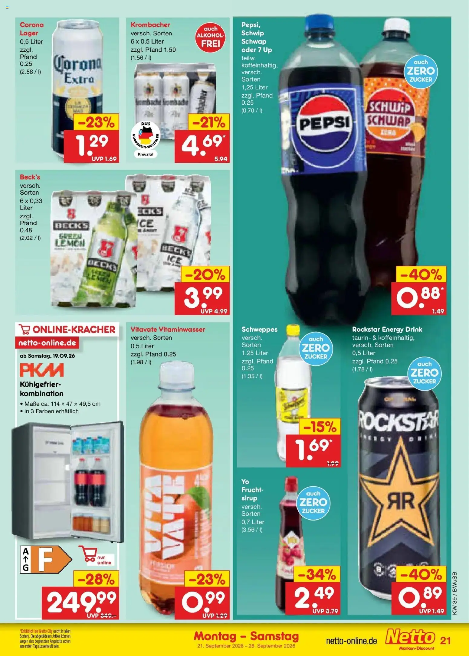 Netto Marken-Discount Prospekt Bielefeld – gültig ab 21.09.2026 | Seite: 29 | Produkte: Sirup, Schweppes, Alkohol, Pepsi