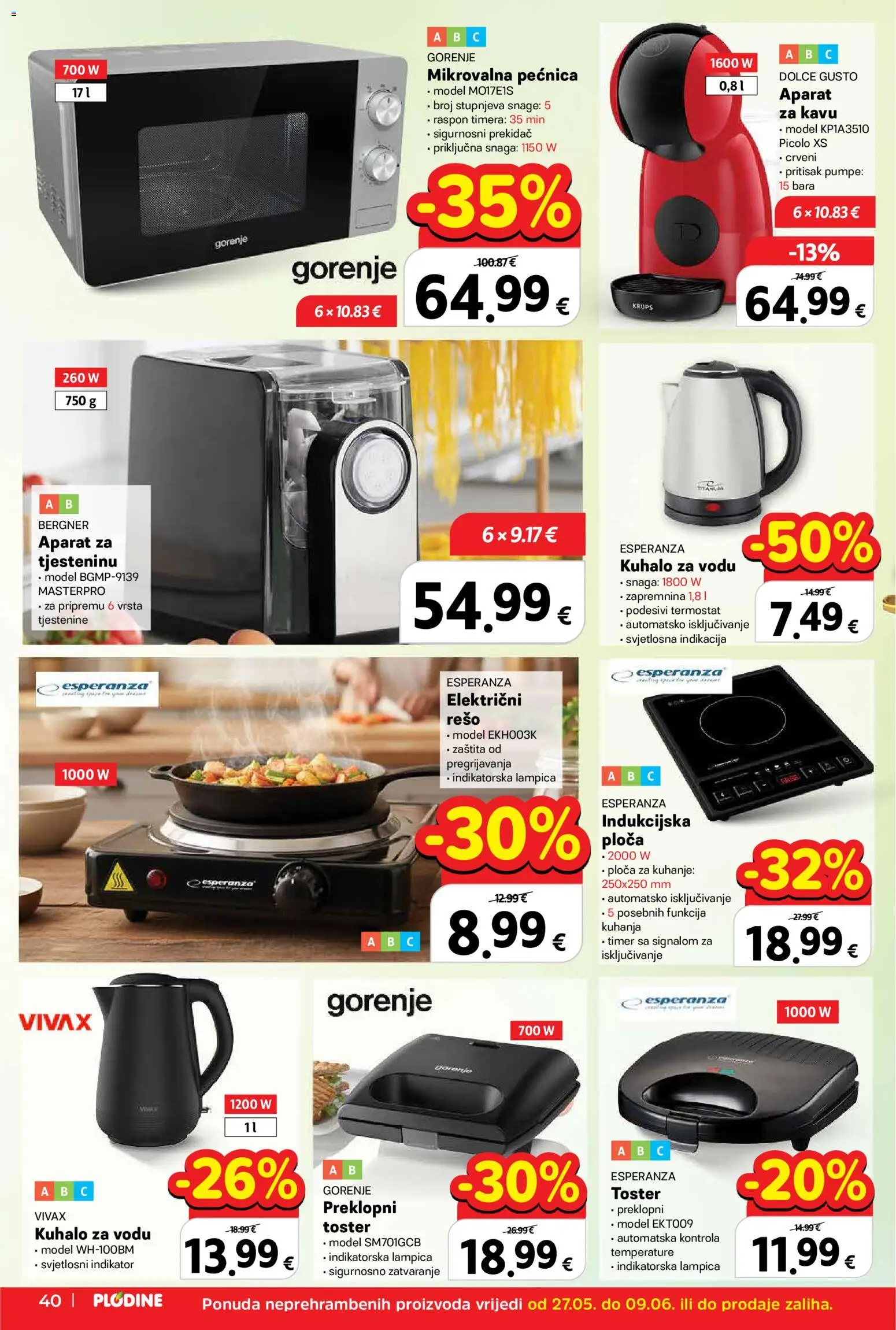 Plodine katalog | vrijedi od 27.05.2026 | Stranica: 40 | Proizvodi: Toster, Dolce Gusto, Indukcijska ploča, Termostat