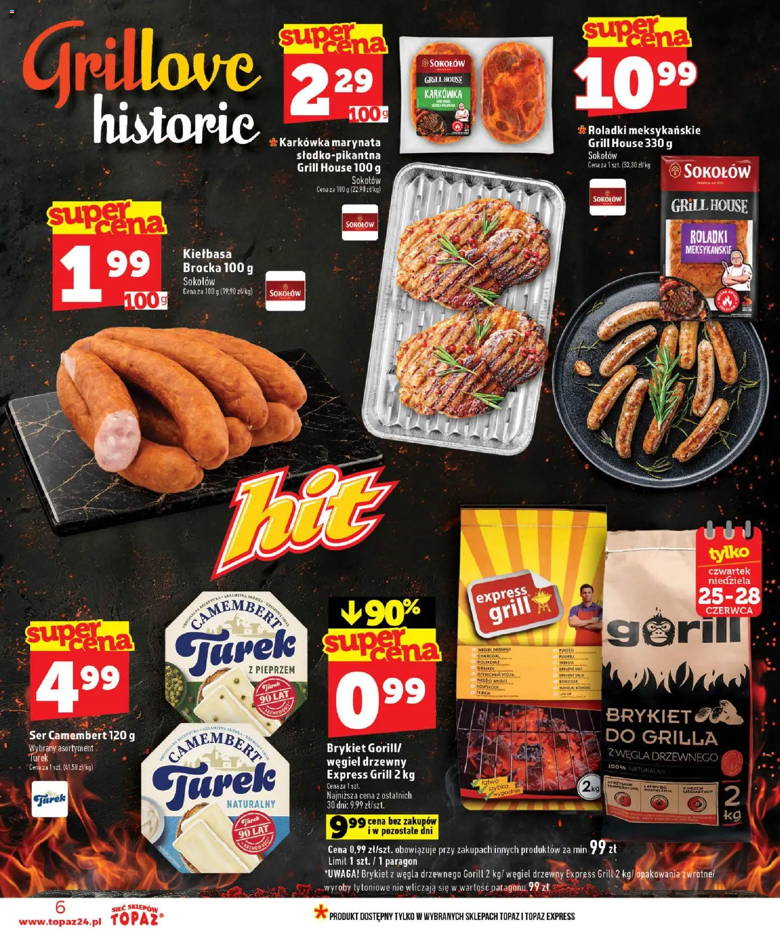 Topaz gazetka - MAZ od 25.06.2026 | Strona: 6 | Produkty: Kiełbasa, Karkówka, Grill, Camembert
