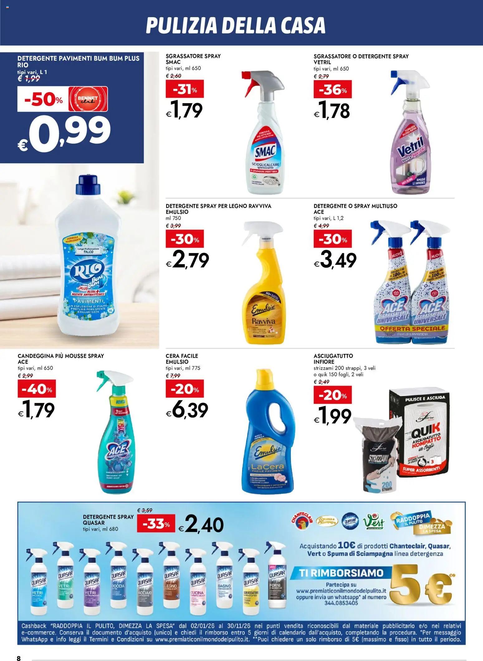 Volantino bennet del 20/08/2026 | Pagina: 8 | Prodotti: Candeggina, Assorbenti, Bagno, Profumo