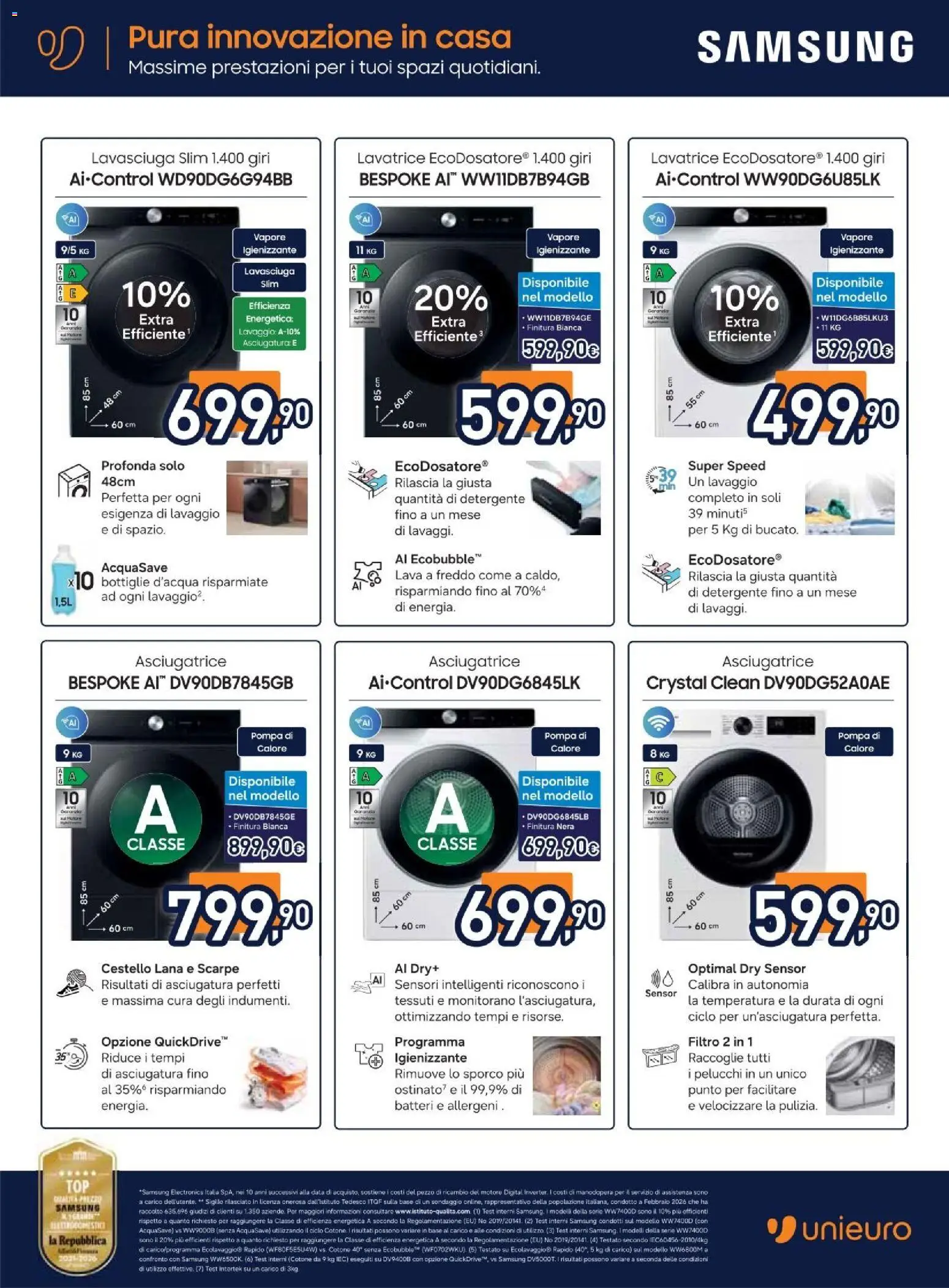 Volantino Unieuro del 02/10/2026 | Pagina: 35 | Prodotti: Lavasciuga, Asciugatrice, Data, Samsung