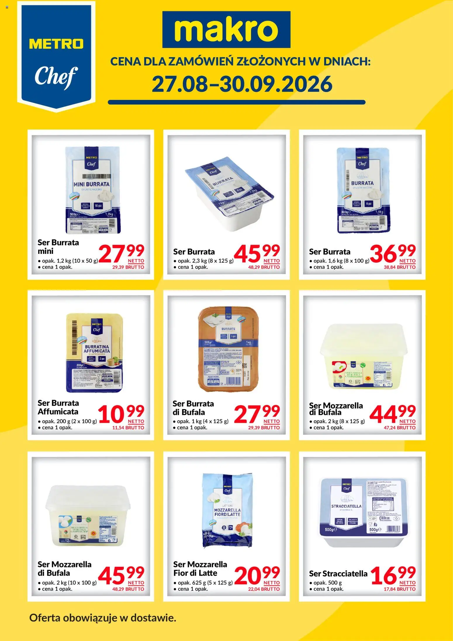 Makro gazetka - Metro Chef w dostawie od 27.08.2026 | Strona: 1 | Produkty: Mozzarella di bufala, Ser stracciatella, Burrata, Mozzarella