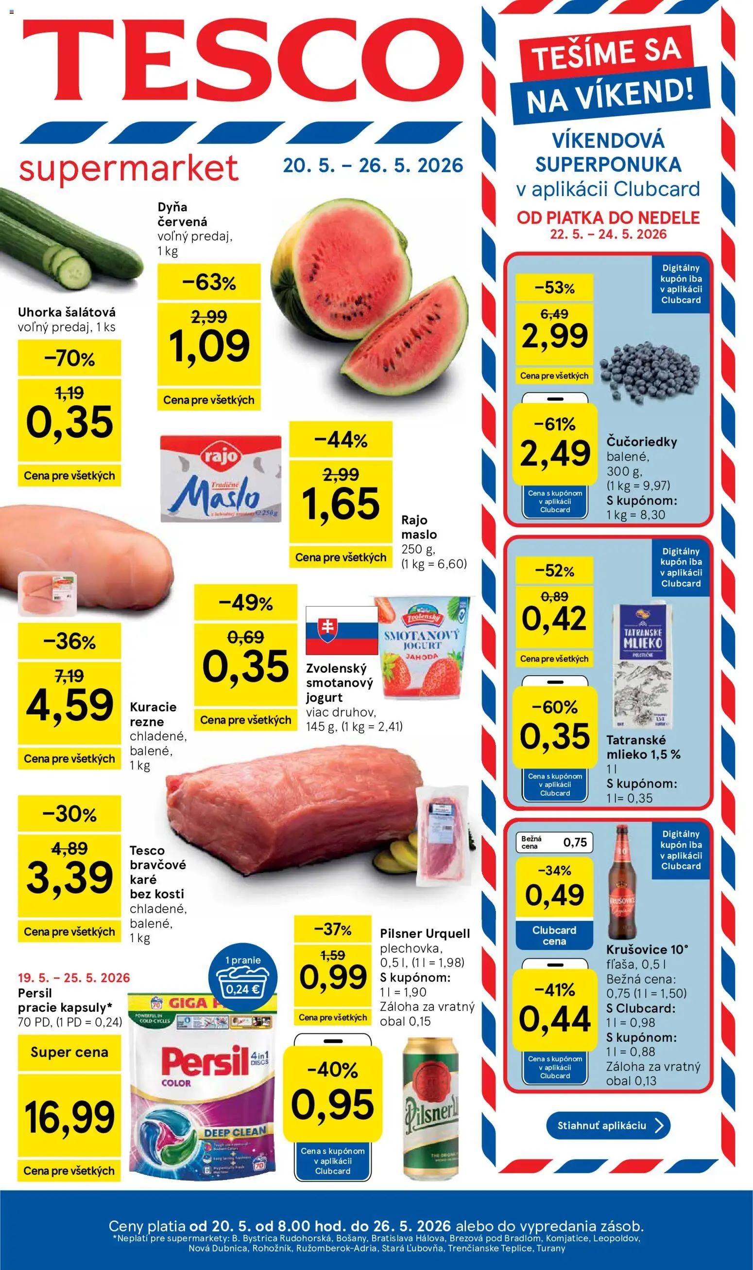 Nové Tesco akcie – leták je platný od 20.05.2026 | Strana: 1 | Produkty: Pilsner Urquell, Jogurt, Persil, Kuracie rezne