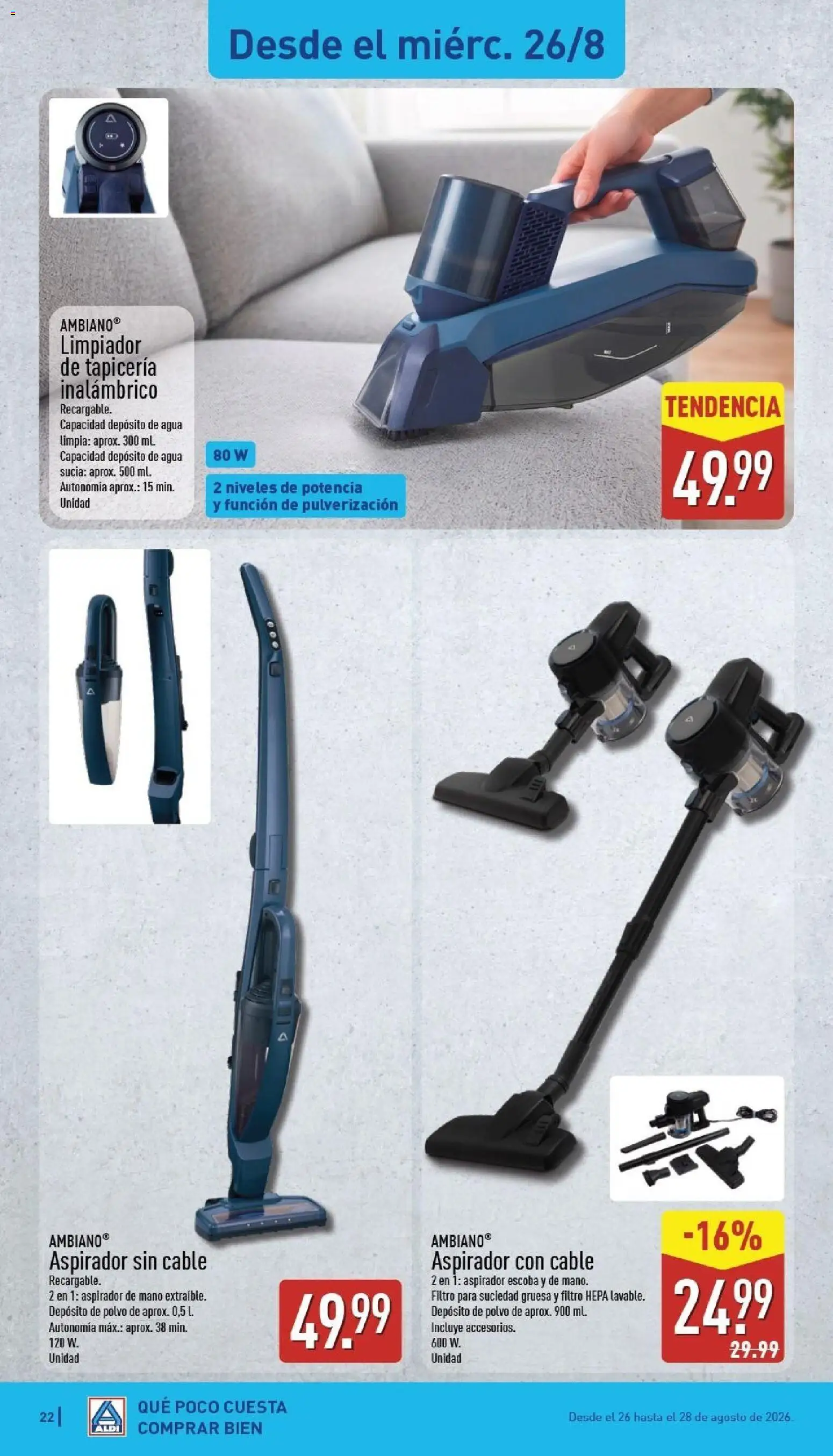 Aldi folleto Península │ válido desde el 24/08/2026 | Página: 22 | Productos: Filtro HEPA, Escoba, Cable, Aspirador