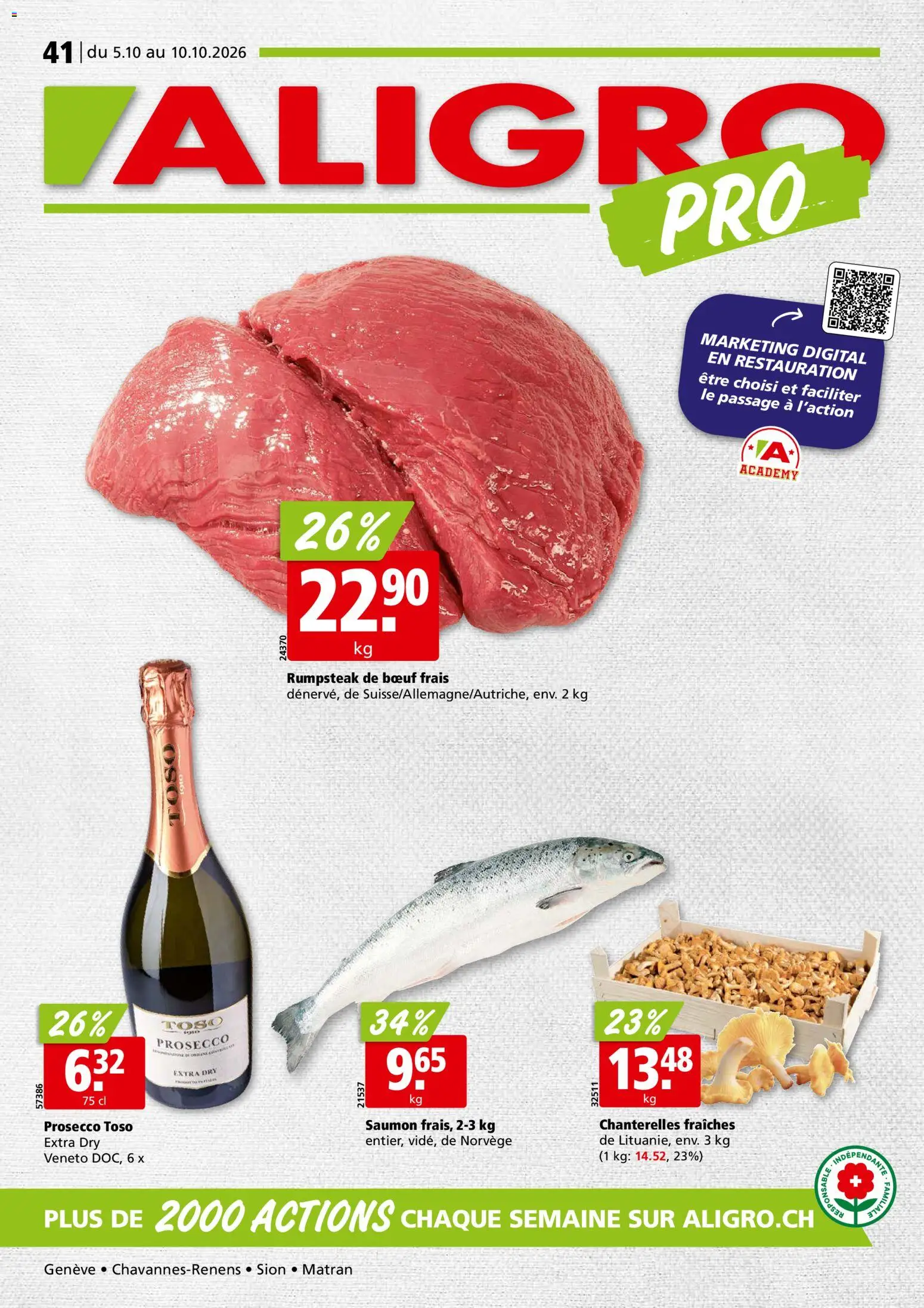 Aligro aktionen Chavannes, Matran, Genève, Sion – gültig ab 05.10.2026 | Seite: 1 | Produkte: Rumpsteak, Prosecco