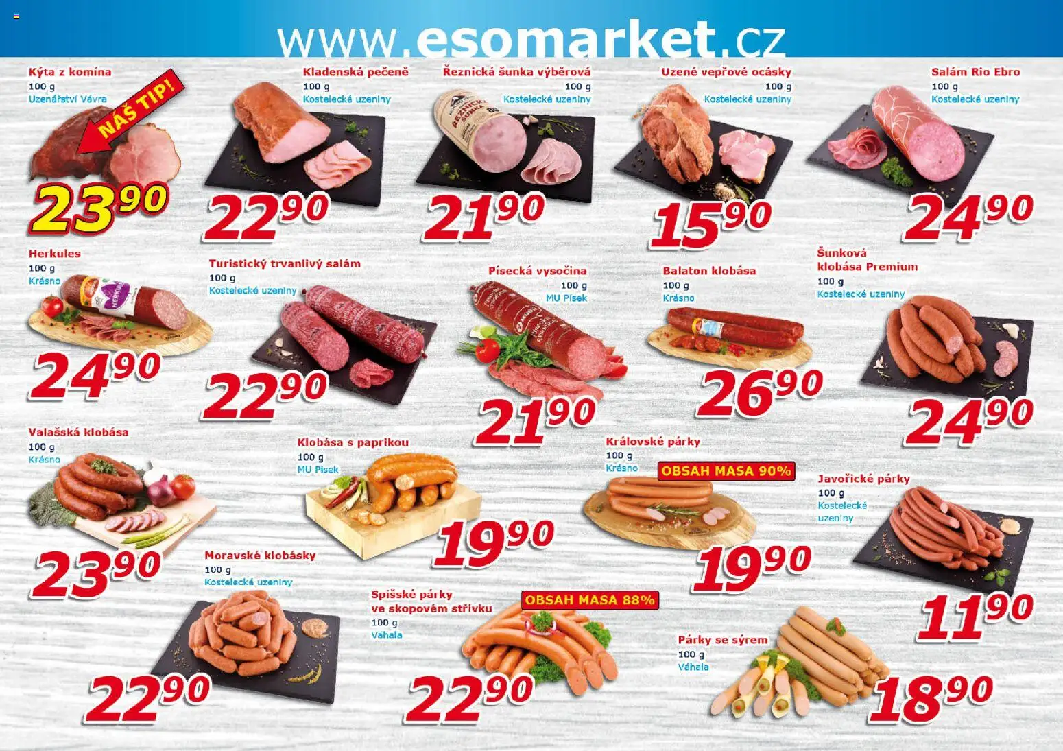 Eso market leták od 22.07.2026 | Strana: 2 | Produkty: Salám, Šunka, Párky, Vysočina