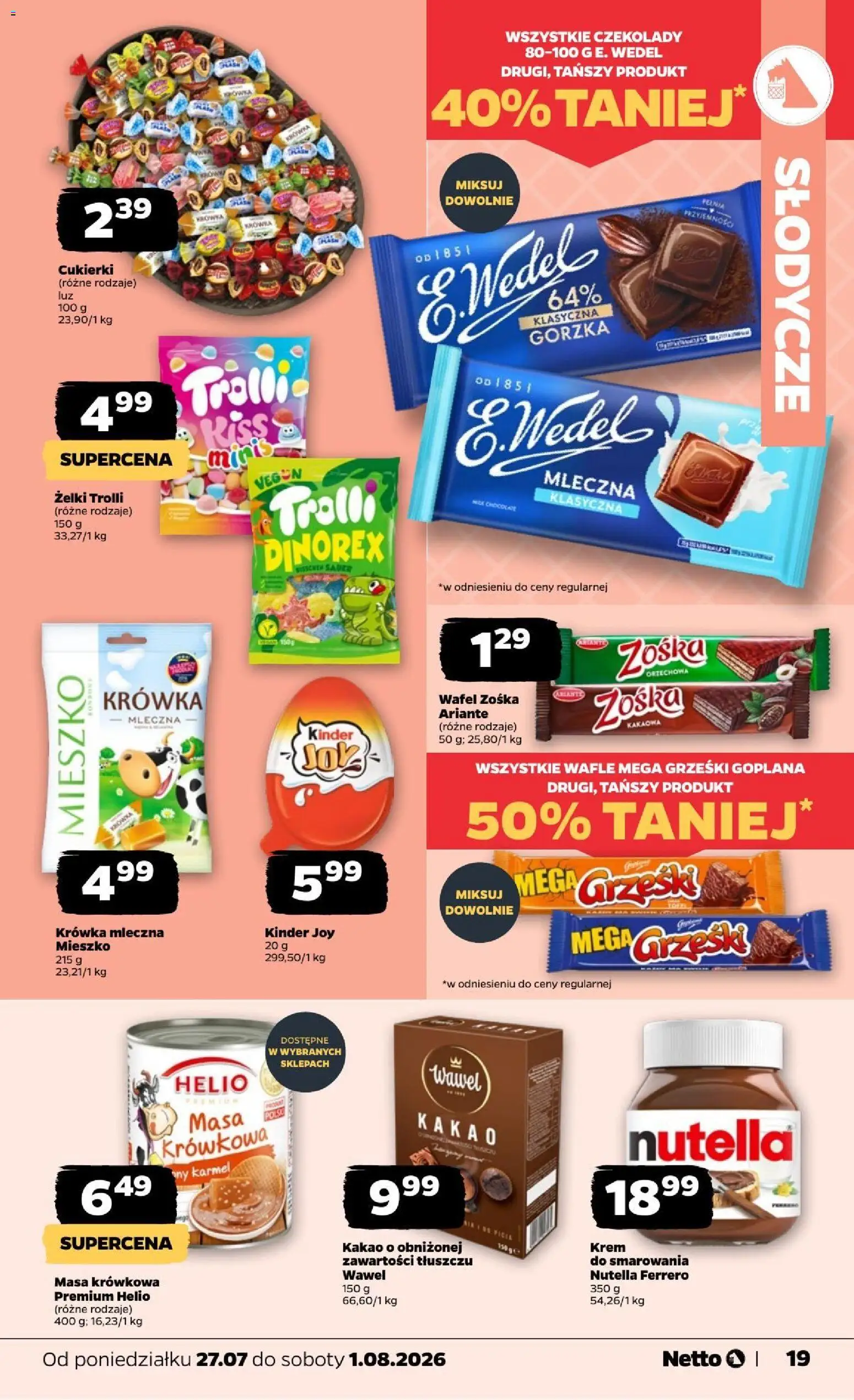 Netto gazetka od poniedziałku od 27.07.2026 | Strona: 19 | Produkty: Czekolady, Wafle, Żelki, Krem