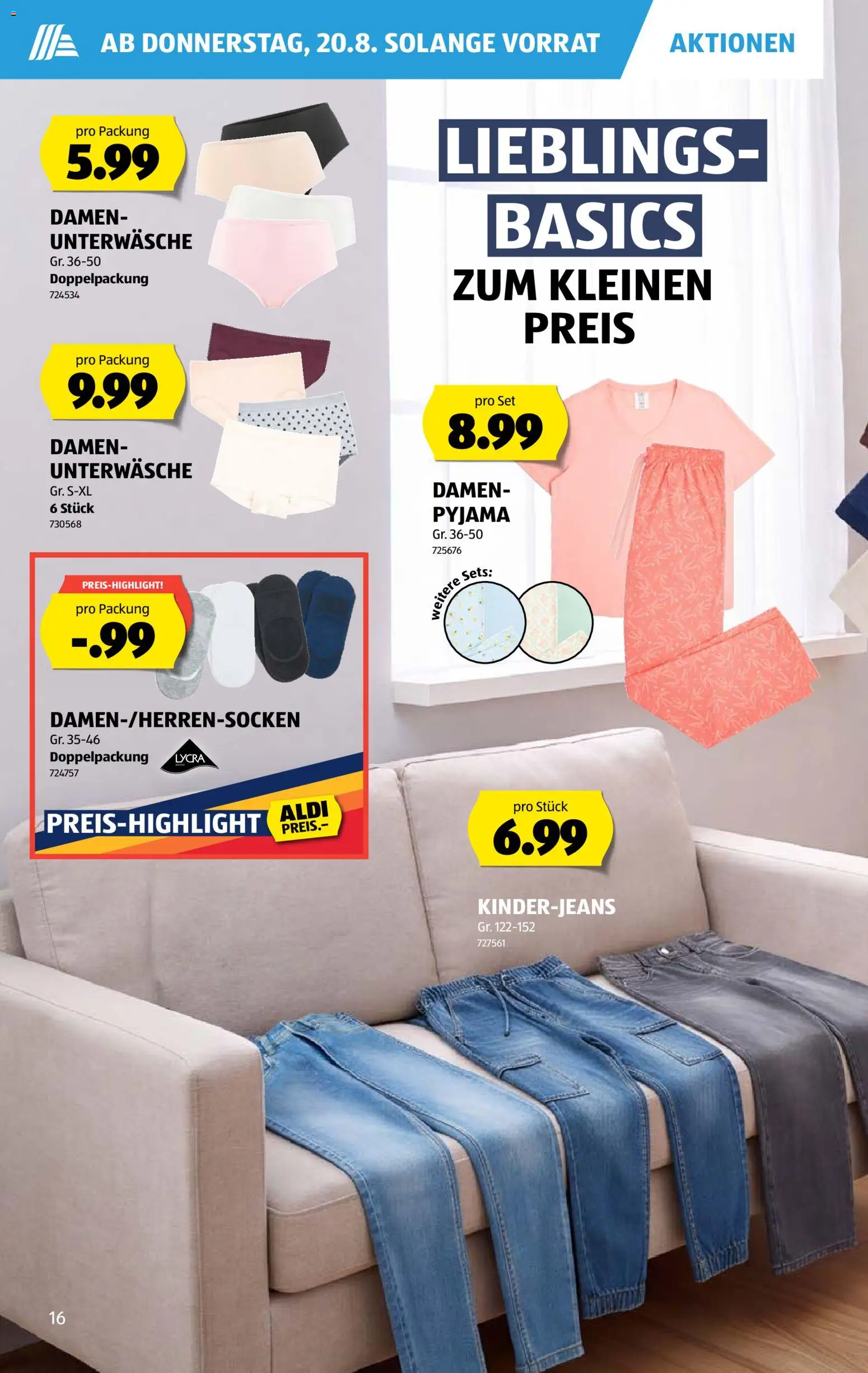 Aldi aktionen – gültig ab 20.08.2026 | Seite: 16 | Produkte: Unterwäsche, Pyjama, Jeans
